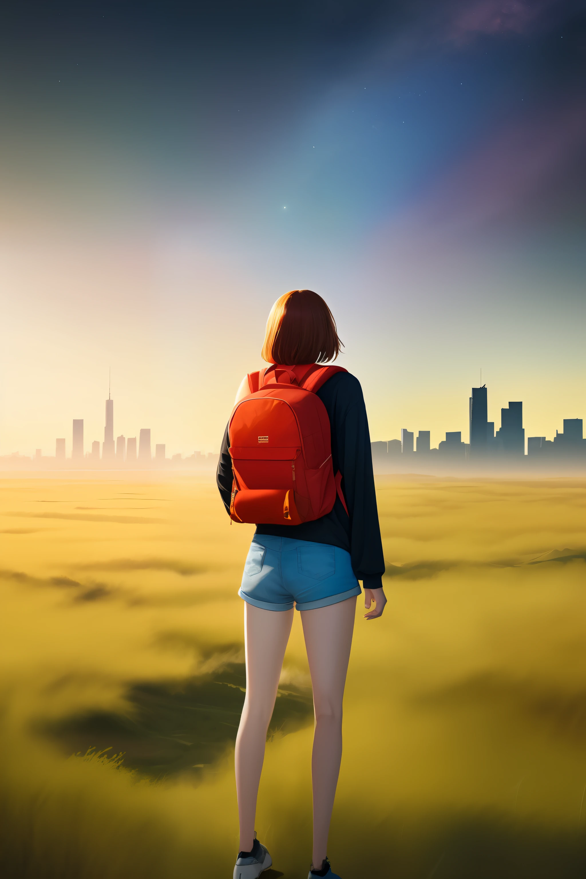 The vast sky, beautiful skyline, large grasslands, extremely tense and dramatic pictures, moving visual effects, the high-hanging Polaris, and colorful natural light. Long-sleeved top, denim shorts, and a girl with a backpack.