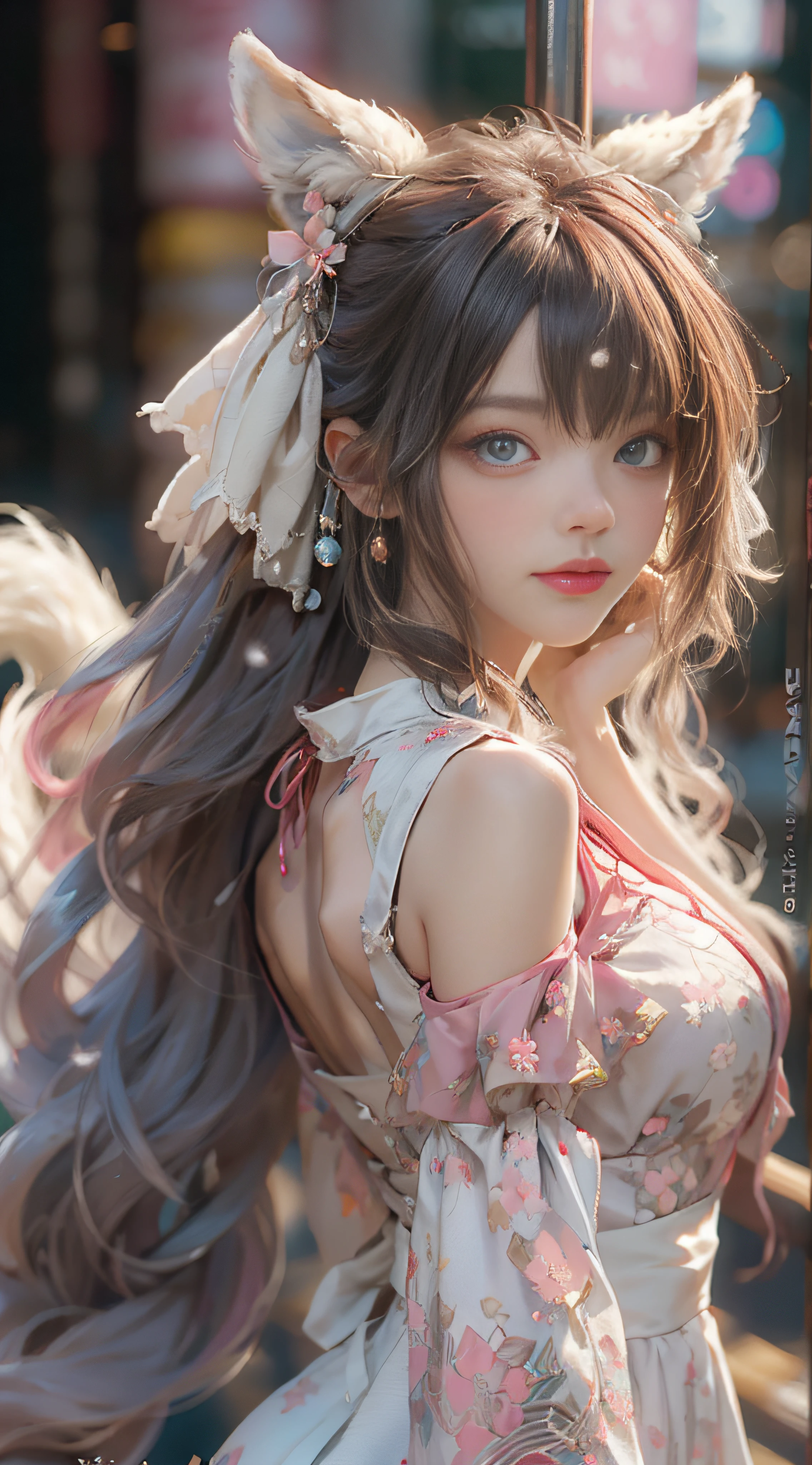 （（best qualtiy））， （（tmasterpiece））， （detail：1.4）， Beautiful cyberpunk female images，hdr（HighDynamicRange），Ray traching，NVIDIA RTX，Hyper-Resolution，illusory 5，sub surface scattering，PBR textures，post-proces，Anisotropy Filtering，depth of fields，maximum definition and sharpness，Many-Layer Textures，Albedo e mapas Speculares，Surface coloring，Mitsu-Accurate simulation of material interactions，perfectly proportioned，rendering by octane，Two-colored light，largeaperture，Low ISO，White balance，Rule three points、8K raw data、Beautiful bright blue pupils，off-the-shoulder clothes，Fine pupils，Delicate face and eyes，long eyelasher，Blushlush，Delicate and fluffy hair，pink lip，Pure，Cute face，Sweet girl，Artistic sense，Casual wear，Advancedsense，butterflys，Cherry blossom petal，Beautiful hair accessories，Long hair and waist，Hair fluttering in the wind，Snow-white fox ears，curlies，Snow-white fluffy tail，Positive light，The light from the back window is backlighted