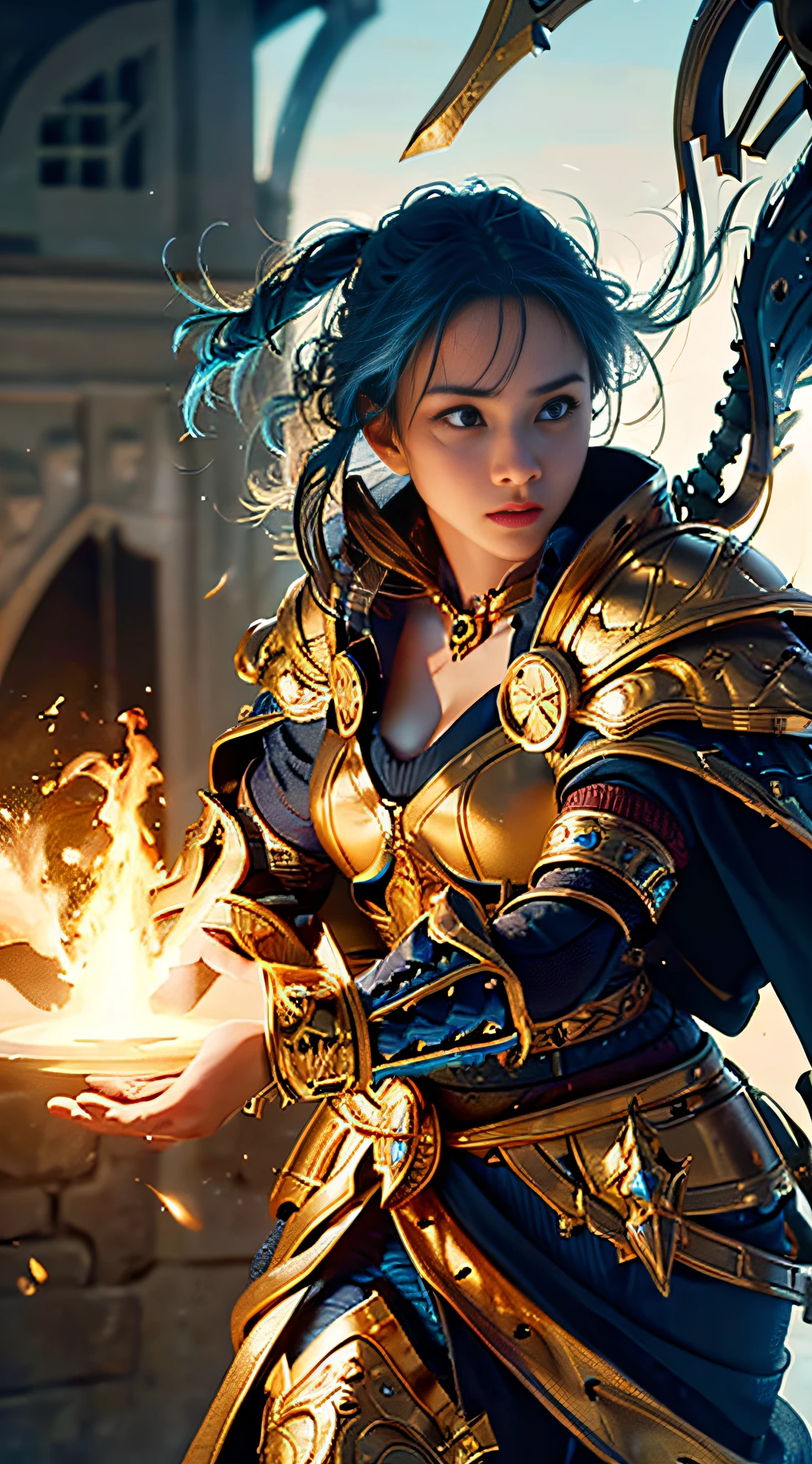 offcial art, Unity 8k wallpaper, Ultra detail, Masterpiece, Best quality, Single woman, (Very detailed),(Original photo, Best quality), (Realistic, Photorealistic: 1.3), High definition, ultra-detailed complex 3D rendering of face, (Big: 8.8), (Highly detailed skin: 1.2), (exposure: 1.1), beautiful white woman,Fair skin with plump soft breasts and big ass, Dynamic Angle, enigmatic expression, Fire Glowing Effect, Fantasy background, rim lit, Side light, Cinematic light, Ultra HD, 8K UHD, filmgrain,Best shadow, Delicate, primitive, Light particles, Detailed skin texture, Detailed jewel armor texture, Detailed face, intricately details, Ultra detailed, Bright, Strong, Gold armor, cleavage, Has a glowing weapon, Has a shield, ((Blue hair)), glowingblackeyes, long red cloak, fantasy, (Realistic),