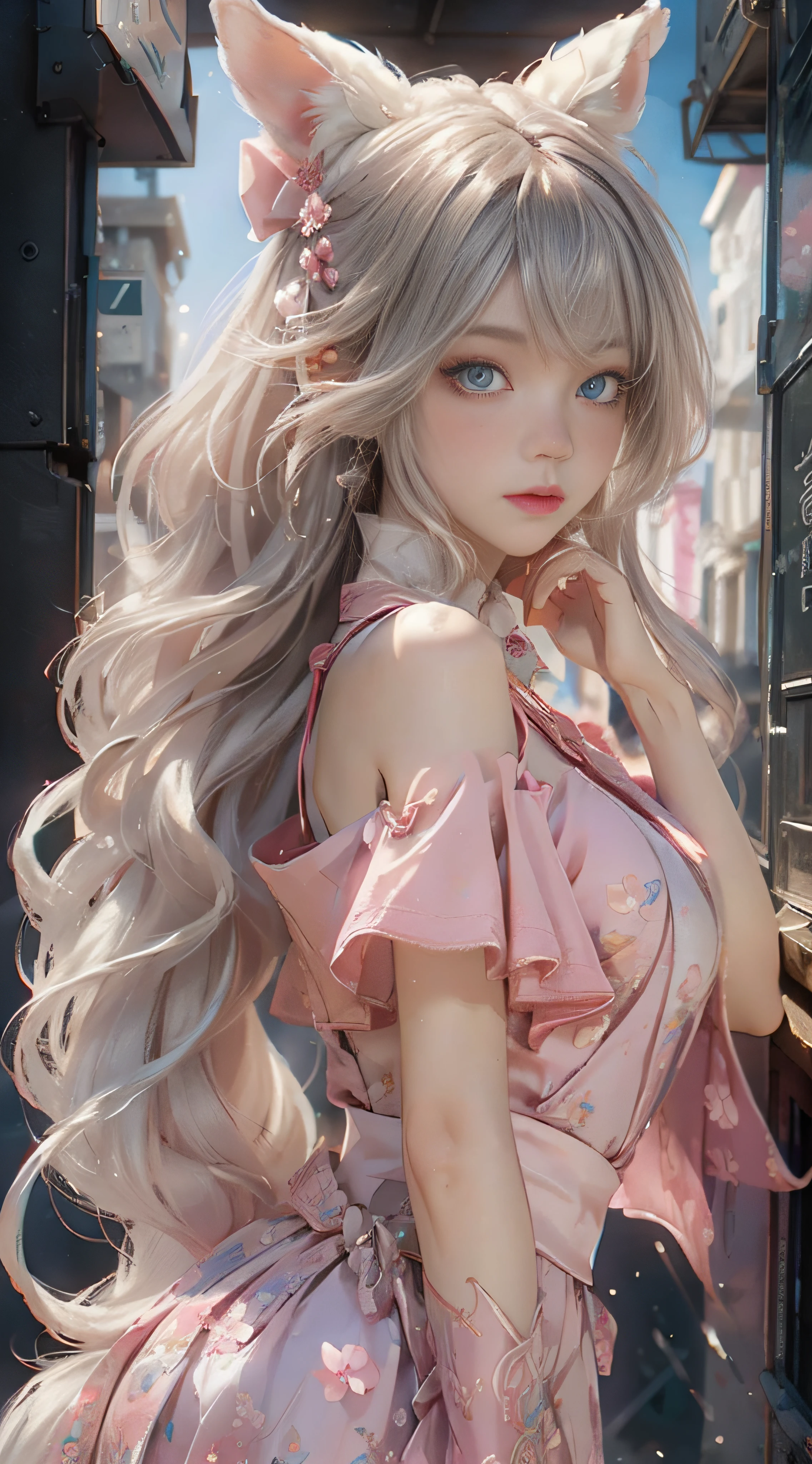 ((best qualtiy)), ((tmasterpiece)), (detail:1.4), Beautiful cyberpunk female images,hdr(HighDynamicRange),Ray traching,NVIDIA RTX,Hyper-Resolution,illusory 5,sub surface scattering,PBR textures,post-proces,Anisotropy Filtering,depth of fields,maximum definition and sharpness,Many-Layer Textures,Albedo e mapas Speculares,Surface coloring,Mitsu-Accurate simulation of material interactions,perfectly proportioned,rendering by octane,Two-colored light,largeaperture,Low ISO,White balance,Rule three points、8K raw data、Beautiful bright blue pupils,off-the-shoulder clothes,Fine pupils,Delicate face and eyes,long eyelasher,Blushlush,Delicate and fluffy hair,pink lip,Pure,Cute face,Sweet girl,Artistic sense,Casual wear,Advancedsense,butterflys,Cherry blossom petal,Beautiful hair accessories,Long hair and waist,Hair fluttering in the wind,Snow-white fox ears,curlies,Snow-white fluffy tail,Positive light,The light from the back window is backlighted