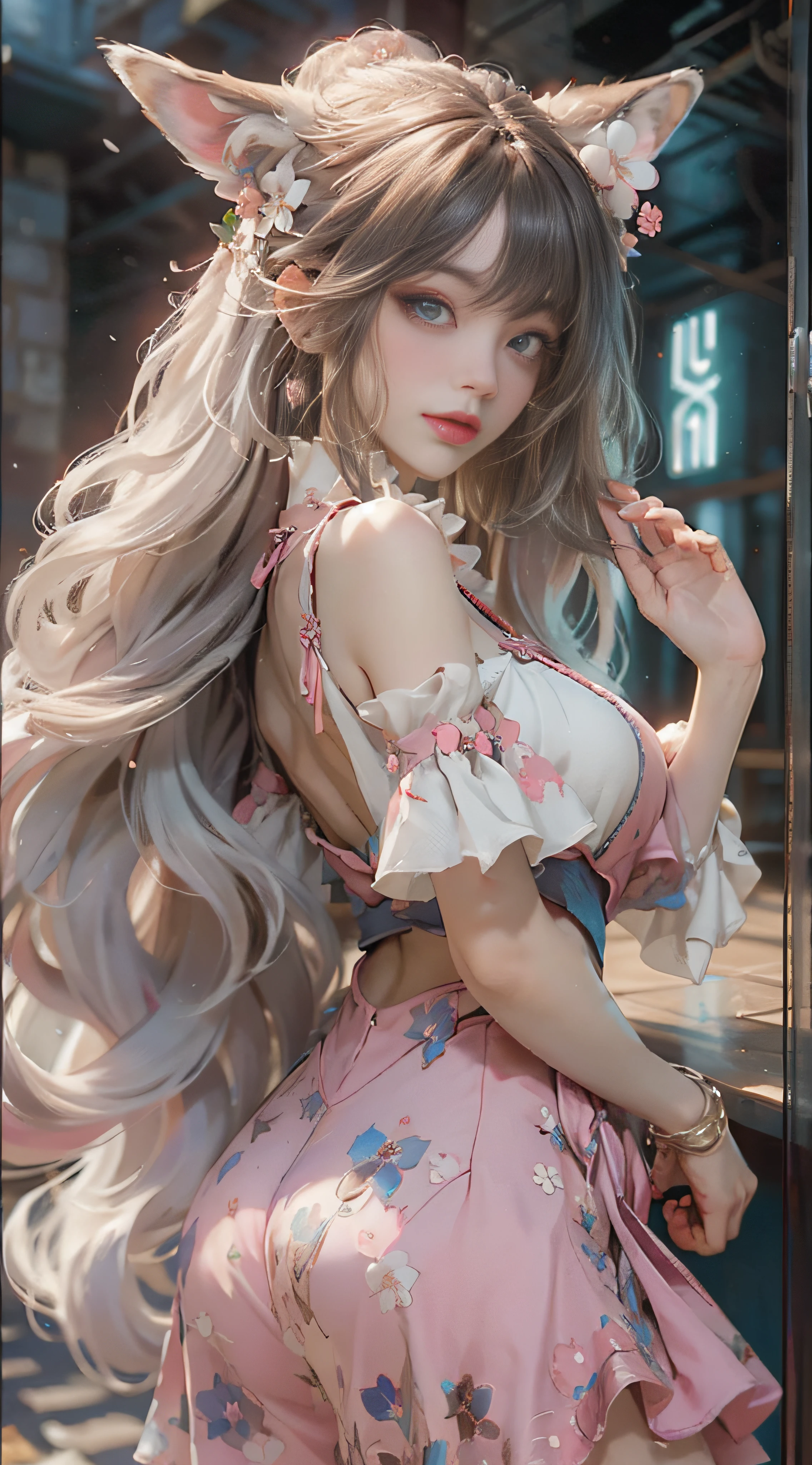 ((best qualtiy)), ((tmasterpiece)), (detail:1.4), Beautiful cyberpunk female images,hdr(HighDynamicRange),Ray traching,NVIDIA RTX,Hyper-Resolution,illusory 5,sub surface scattering,PBR textures,post-proces,Anisotropy Filtering,depth of fields,maximum definition and sharpness,Many-Layer Textures,Albedo e mapas Speculares,Surface coloring,Mitsu-Accurate simulation of material interactions,perfectly proportioned,rendering by octane,Two-colored light,largeaperture,Low ISO,White balance,Rule three points、8K raw data、Beautiful bright blue pupils,off-the-shoulder clothes,Fine pupils,Delicate face and eyes,long eyelasher,Blushlush,Delicate and fluffy hair,pink lip,Pure,Cute face,Sweet girl,Artistic sense,Casual wear,Advancedsense,butterflys,Cherry blossom petal,Beautiful hair accessories,Long hair and waist,Hair fluttering in the wind,Snow-white fox ears,curlies,Snow-white fluffy tail,Positive light,The light from the back window is backlighted