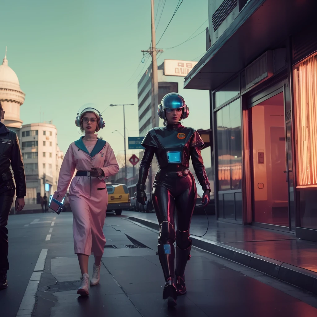 4k image from a 1960s science fiction film, Imagem do filme de Wes Anderson, pastels colors, Students with alien robots and a woman with a glass helmet are wearing retro-futuristic fashion clothes and futuristic ornaments and technological devices on the street, Luz Natural, cinemactic, Psicodelia, retro-futurista,