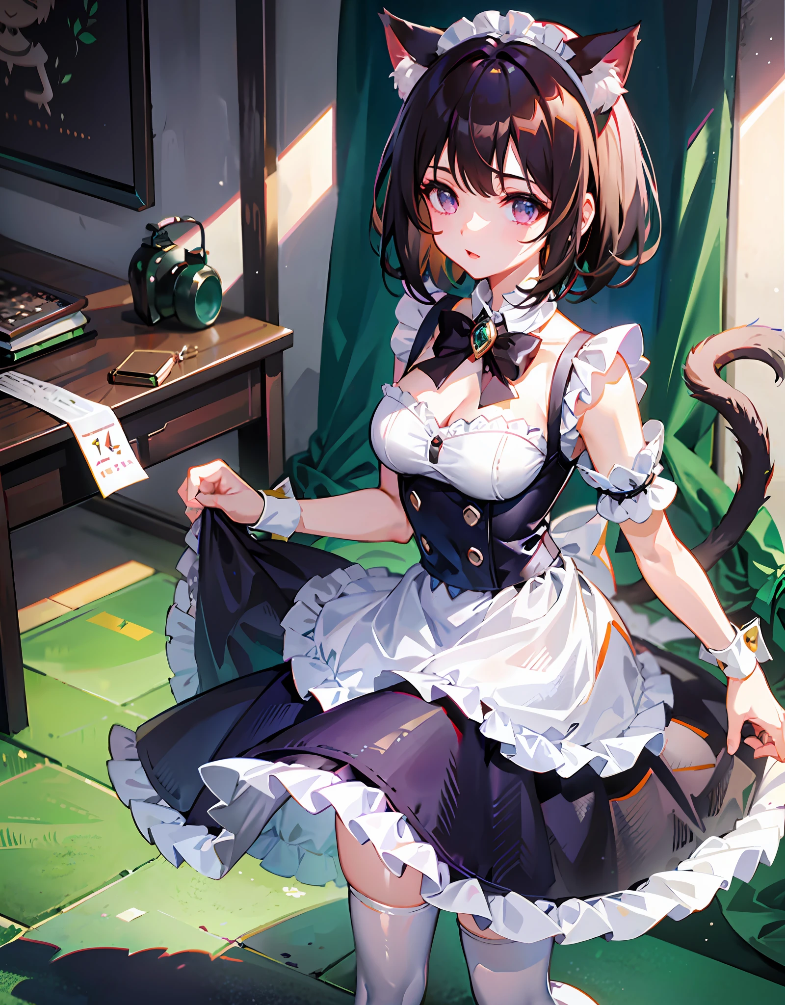 （Best quality)，（Detailed), (1 girl),Kizi，a cat tail，There are cat ears on the top of the head，white thighhighs, short detailed hair，brunette color hair，Medium breasts，the maid outfit，whiteskin