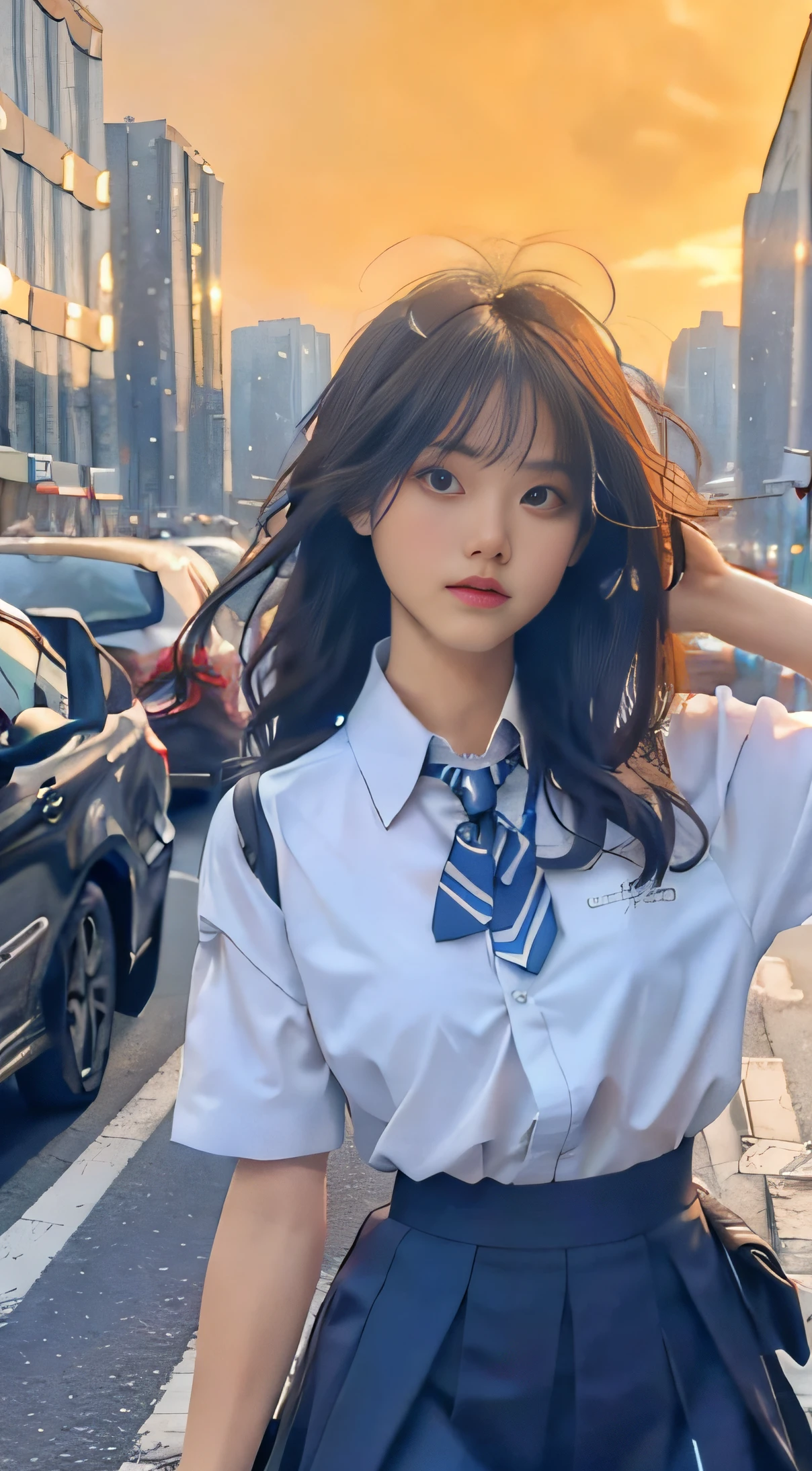 (8k, RAW photos, tmasterpiece:1.3), (realisticlying, photograph realistic:1.37), (natta), (looking at viewert:1.331), (whaite hair), posing on a, NewYork, the street, nightcityscape, Cyberpunk-city, the soft light, 1girll, Very beautiful face, chest circumference, putdownhands, random hair style, Random expressions, largeeyes, Alvine, (JK_suit), (JK_shirt), JK_style, (darkblueJK_skirt), (bowJK_tie), mix4., best qualtiy,Classroom,School Background