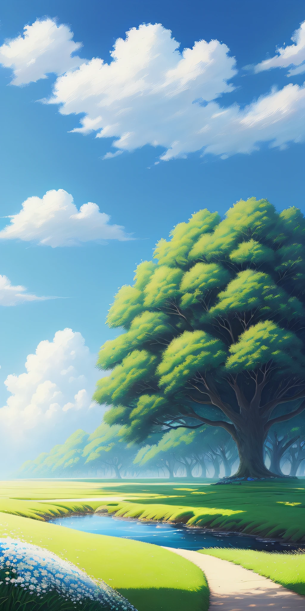Realistic, authentic, beautiful and amazing landscape oil painting Studio Ghibli Hayao Miyazaki's petal grassland with blue sky and white clouds --v6