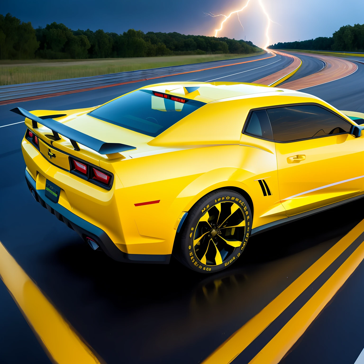 Tornado warning, chaos, yellow Camaro, highway, concept art, 4k