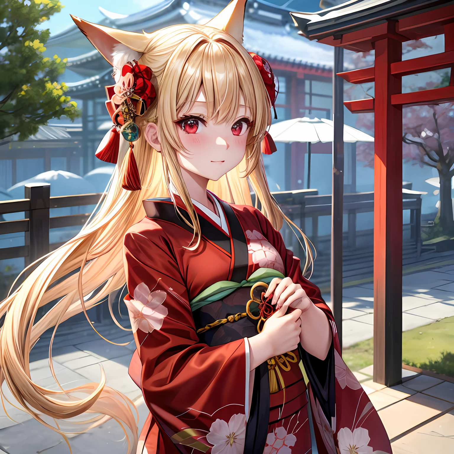 a blond、red eyes、One pretty girl、独奏、animesque、Kimono、red blush、fox