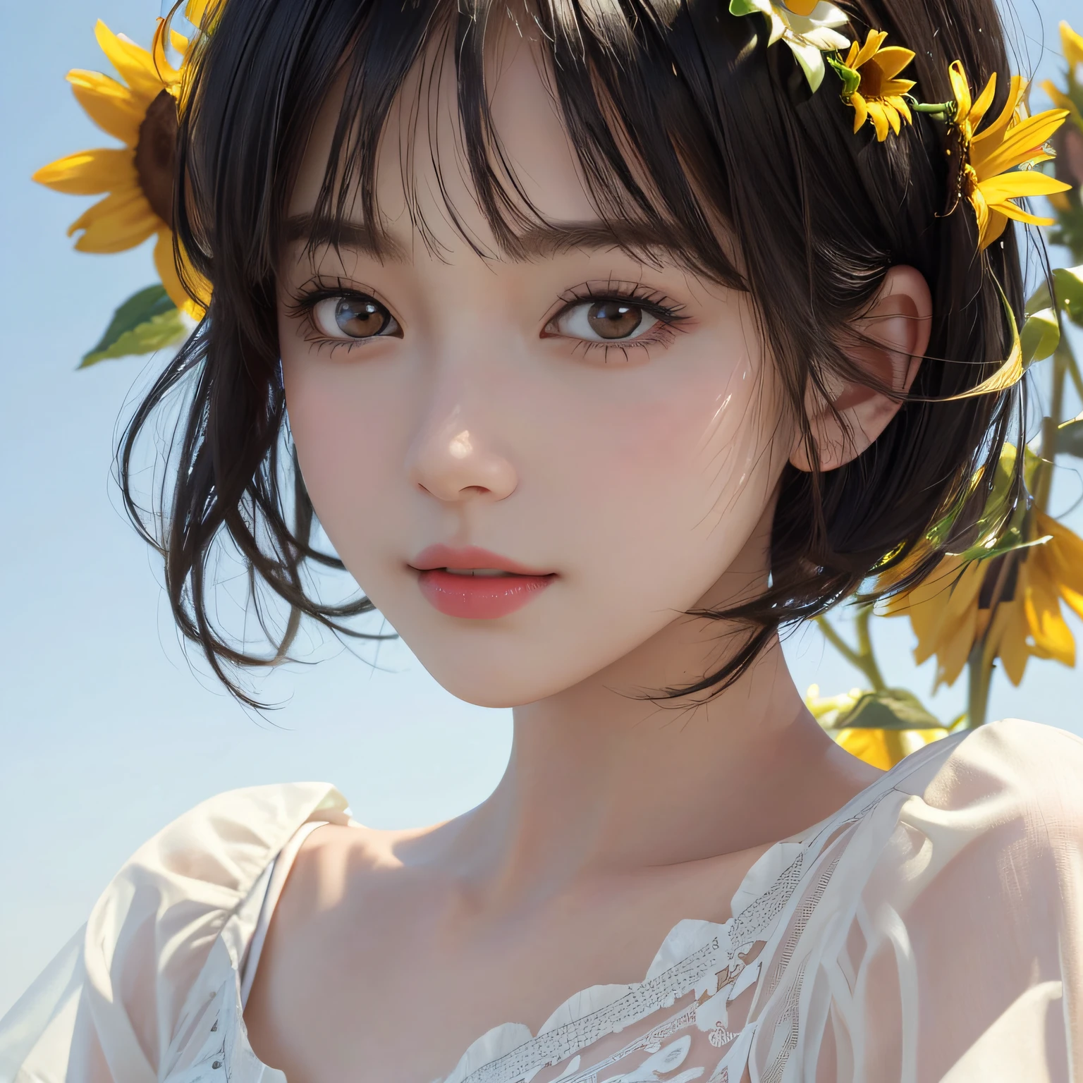 (Masterpiece:1.3), (8K, Photorealistic, RAW photo, Best quality: 1.4), (1girll), Beautiful face, (Realistic face), (Black hair, short detailed hair:1.3), Beautiful and good-looking hair，Sunflowers are worn on the head，photorealistic eye，Nice detail eyes，Blood-red lips，Clean and fresh sky background（Realistic face Realistic skin），Beautiful skins，Pale yellow dress（short- sleeved），Romantic summer atmosphere，enticing，超高分辨率，Ultra photo realsisim，The is very detailed，the golden ratio，Single close-up close-up。