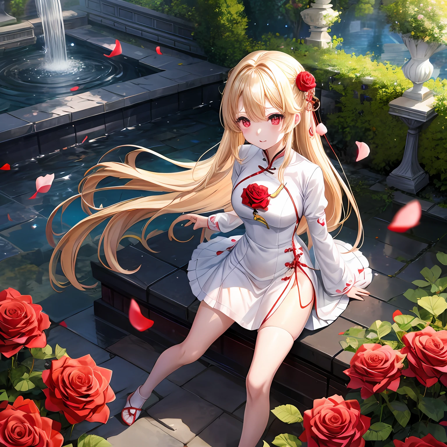 a blond、red eyes、Beautiful girl alone、kawaii、独奏、animesque、white chinese dress、a miniskirt、rose garden