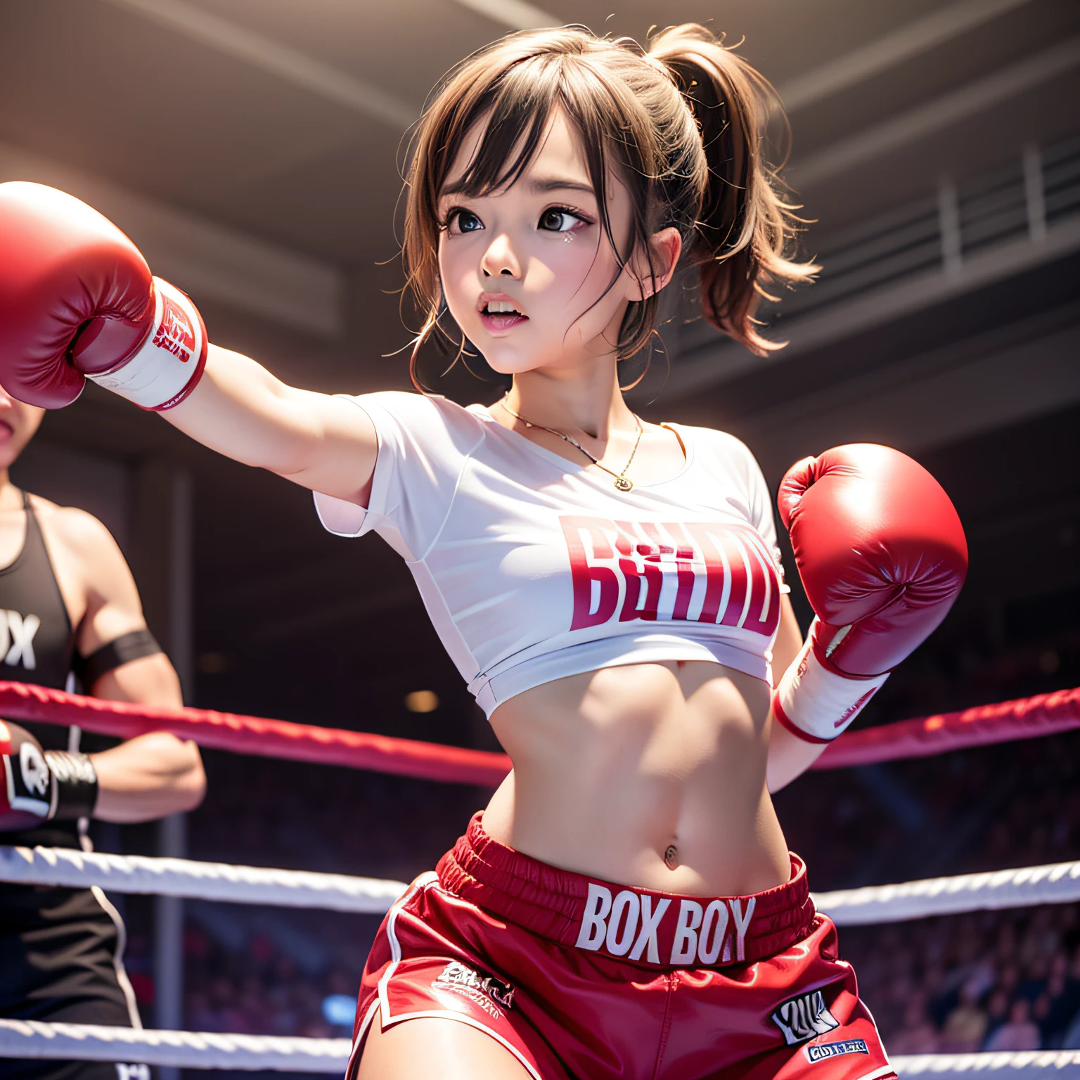 {{1boy and 1girl}}, {{matsrepiece}}, {{best quality}}, {{{boy and girl are fighting against each other on boxing ring}}}, {{{girl is punching boy's face}}}, high school cute girl, high school thin boy, girl wearing pink and yellow T-shirt, girl with pink boxing glove, navel baring girl, off shoulder girl