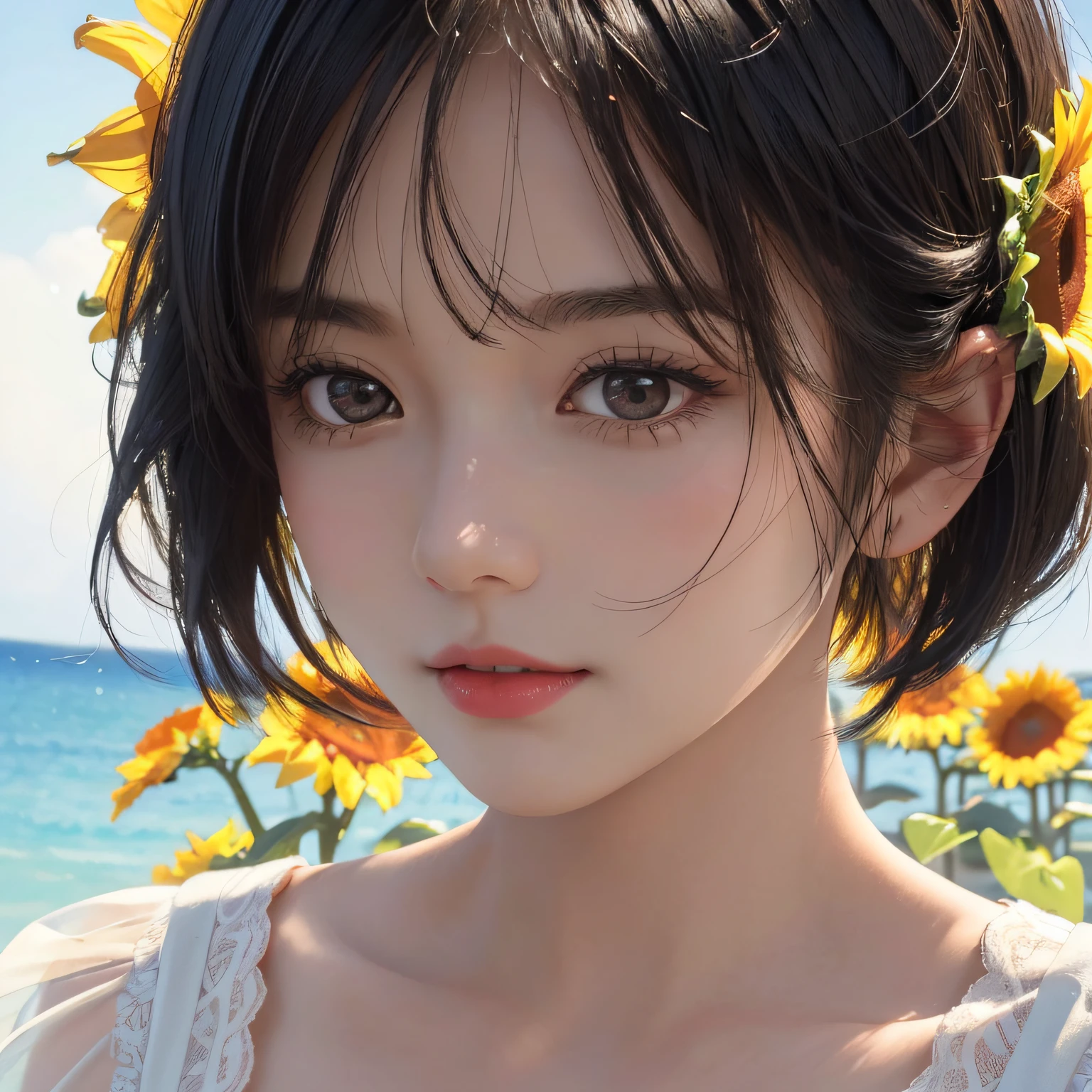 (Masterpiece:1.3), (8K, Photorealistic, RAW photo, Best quality: 1.4), (1girll), Beautiful face, (Realistic face), (Black hair, short detailed hair:1.3), Beautiful and good-looking hair,Sunflowers are worn on the head,photorealistic eye,Nice detail eyes,Blood-red lips,Clean and fresh sky background(Realistic face Realistic skin),Beautiful skins,Pale yellow dress(short- sleeved),Romantic summer atmosphere,enticing,超高分辨率,Ultra photo realsisim,The is very detailed,the golden ratio,Single close-up close-up。