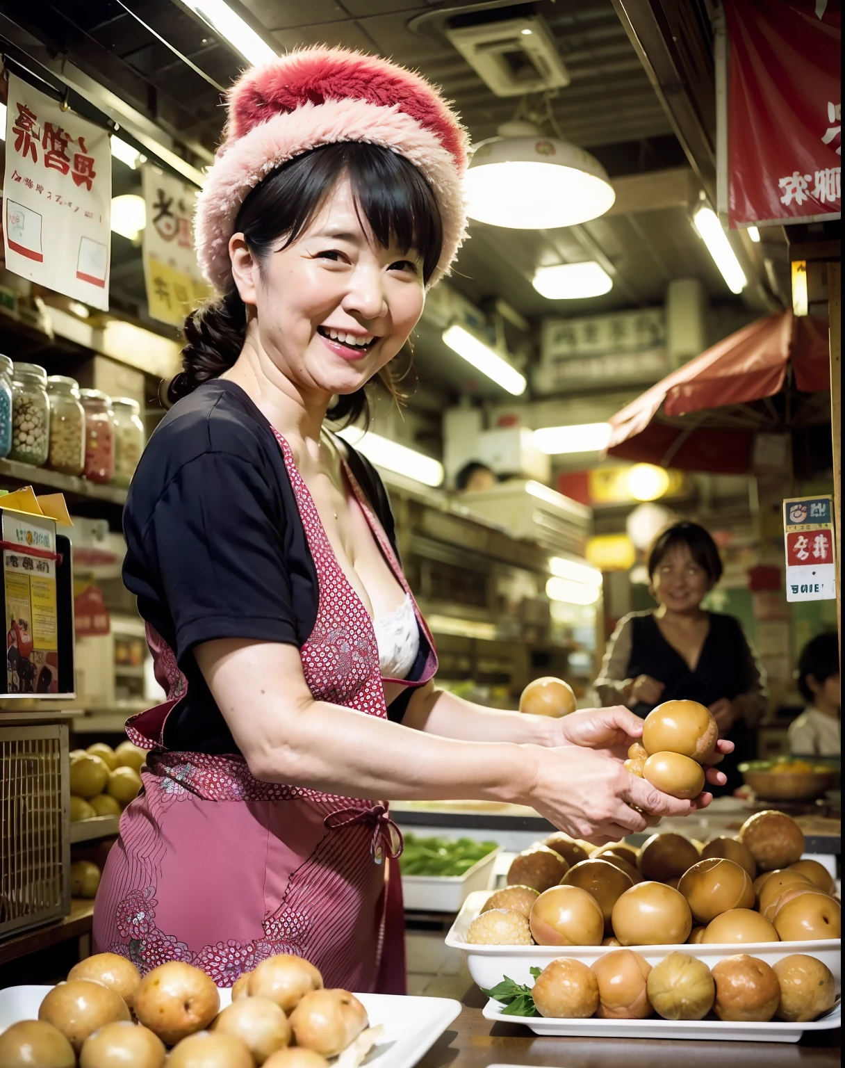 In a quaint Japan neighborhood, Bustling and bustling stalls catch the eye of passers-by. Plump 50-year-old mature woman、Burst breasts, Show cleavage, Wearing an old apron、Wearing old mittens、Giant Tanaka, Thick and energetic octopus ball bender, Who seems to have stepped straight into a heartwarming movie.With her warm smile and glowing eyes, Tanaka exudes an aura of friendliness and charm, Attract customers like a magnet. Her stall, Decorated with colorful lanterns, Unleash the enchanting aroma of freshly made octopus balls, Floating in the air、Entice hungry patrons from all over the world.
Tanaka's Apron, Decorated with cheerful octopus prints、Burst breasts, Show cleavage, While she deftly moves around the small cooking station, She effortlessly flips takoyaki balls on metal skewers, A true maestro at work. Burning sounds and rhythmic sounds of metal、Become a captivating symphony that complements the lively chatter of customers and friends、Greatly pleases her young audience. She shares the history of the neighborhood and the secret stories behind her legendary sources, Bringing joy and laughter to men and women of all ages.When dusk subsides, Lanterns come to life, casting a warm glow upon the scene. Tanaka's food stall becomes a community-based base, Locals々Gatherings of、Share your story、Where to make memories. A stranger makes friends with a plate of octopus balls, And the sounds of laughter and happiness fill the air.
Her kindness is、Beyond the food she provides; Spread her love and compassion to the neighborhood. She is a darling, The true embodiment of the concept of Japan hospitality, A place where hospitality and sincere compassion for others shine、Burst breasts, Show cleavage,