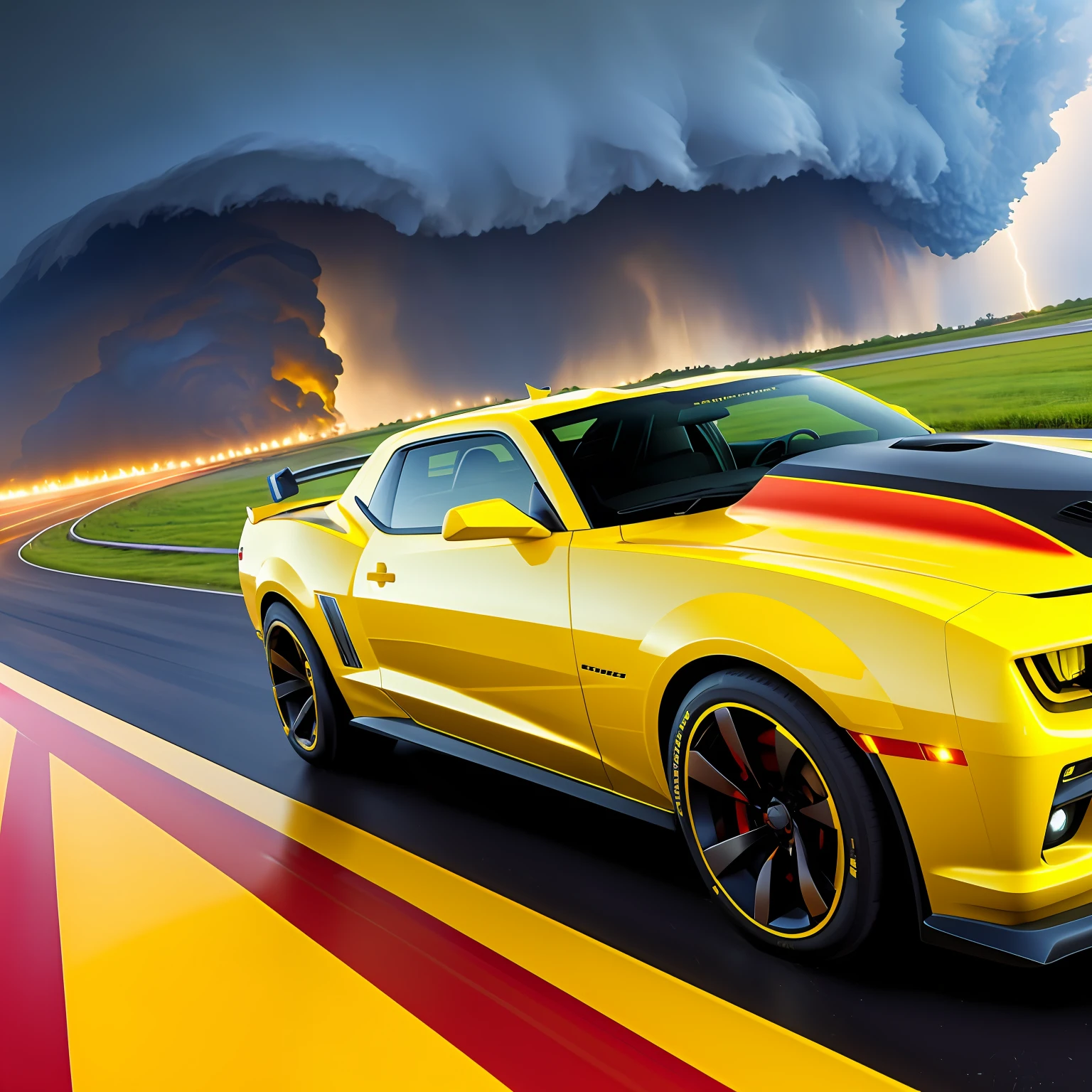 Tornado warning, chaos, yellow Camaro, highway, concept art, 4k