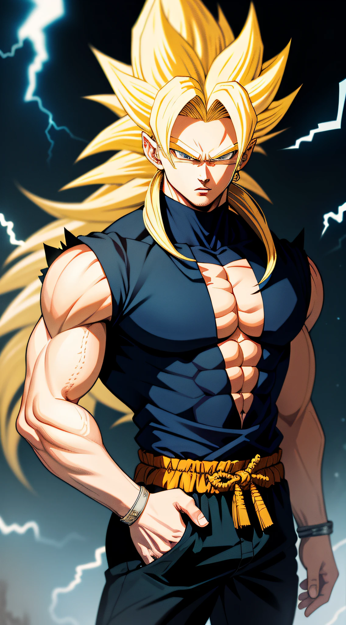 Highly detailed, High Quality, Masterpiece, beautiful, SuperSaiyan, 1boy, solo, cowboy shot, blonde hair, super saiyan, spiked hair, aura, electricity, gigachad, (long hair:1.2)