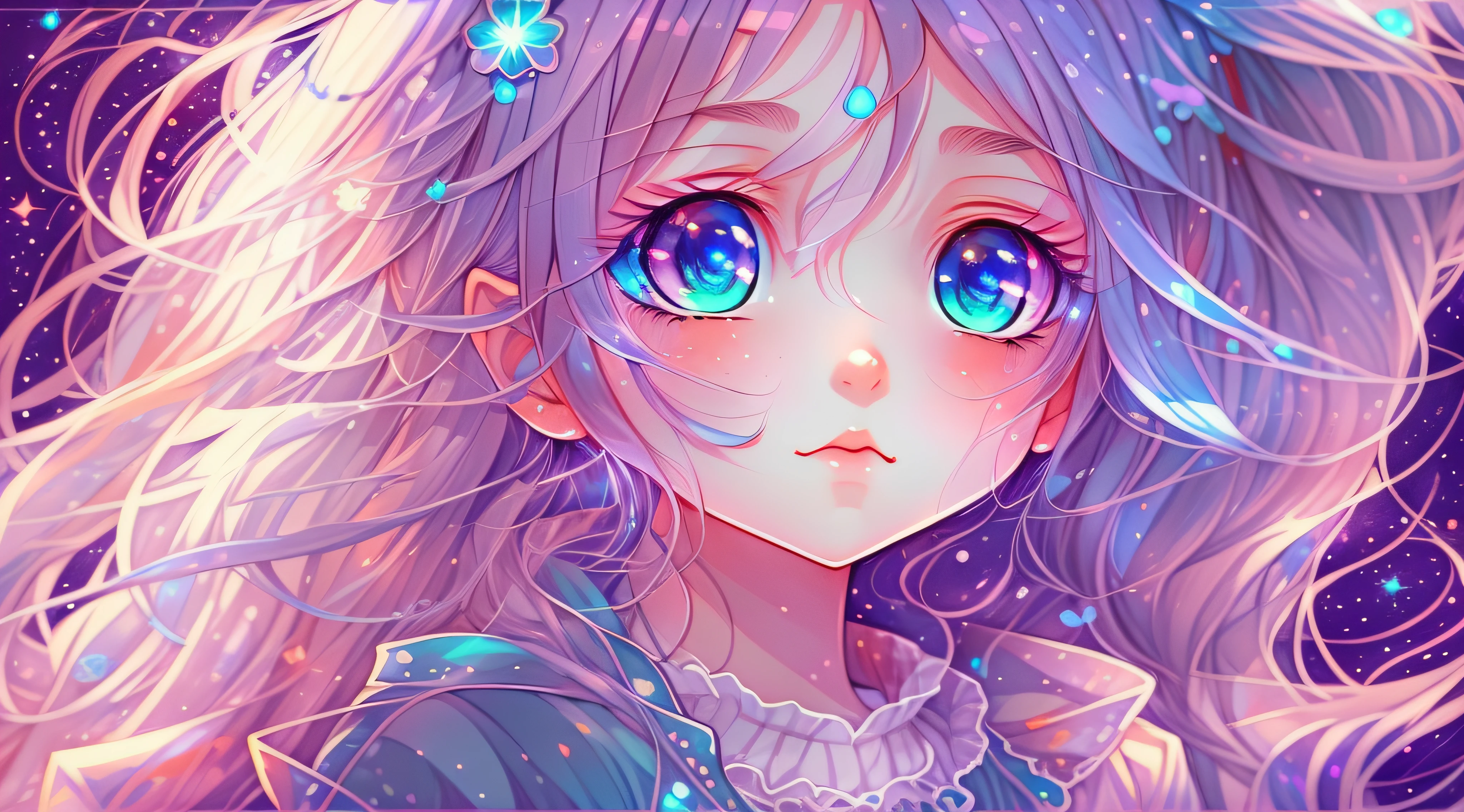 Anime girl with long hair and blue eyes wavy, anime girl with cosmic hair, Digital art on Pixiv, A beautiful artwork illustration, Cute detailed digital art, Beautiful anime artwork, Anime fantasy illustration, Detailed digital anime art, Soft anime illustration, pixiv contest winner, Loish et WLOP, Beautiful anime art, beautiful anime art style