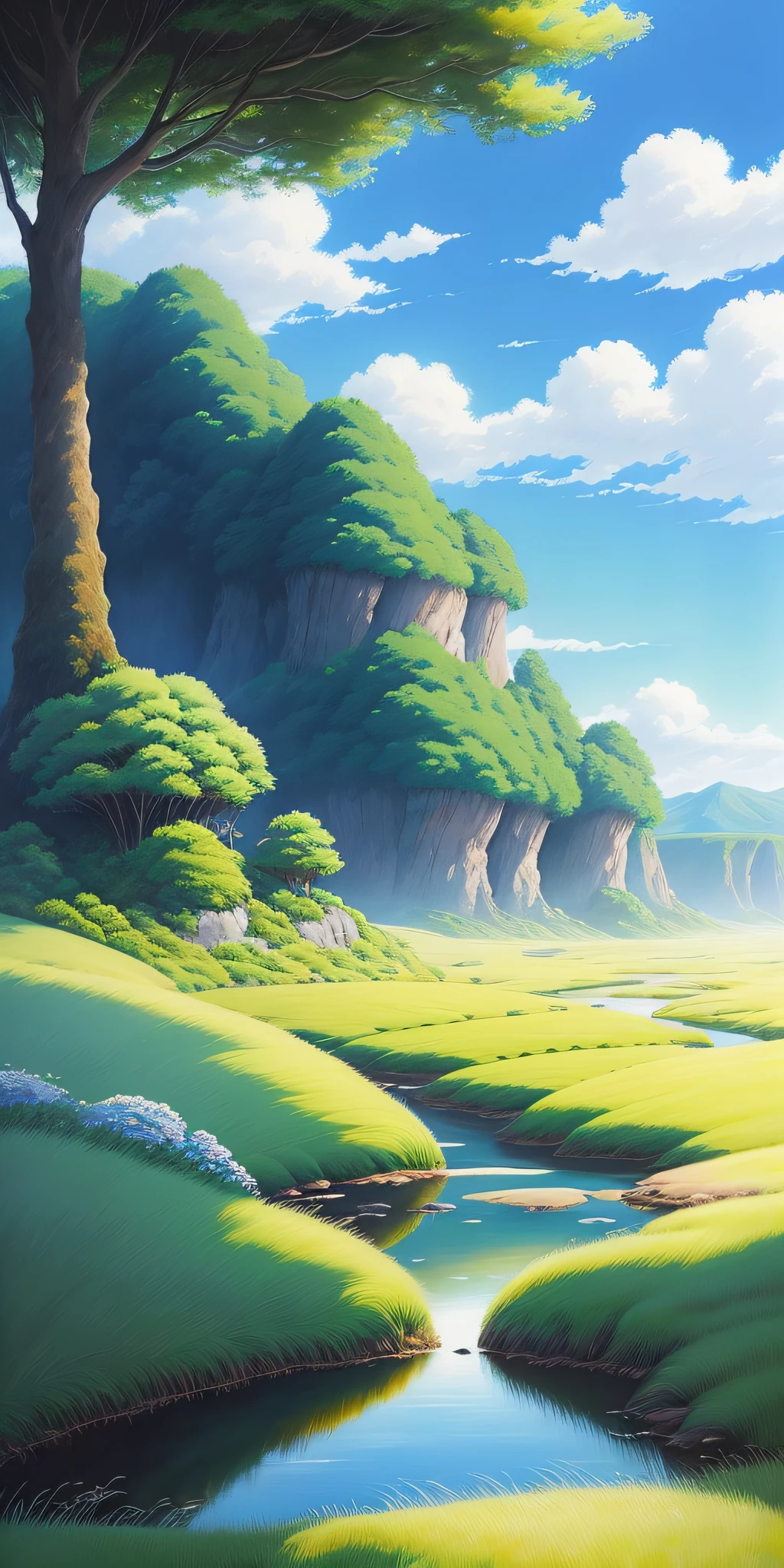 Realistic, authentic, beautiful and amazing landscape oil painting Studio Ghibli Hayao Miyazaki's petal grassland with blue sky and white clouds --v6