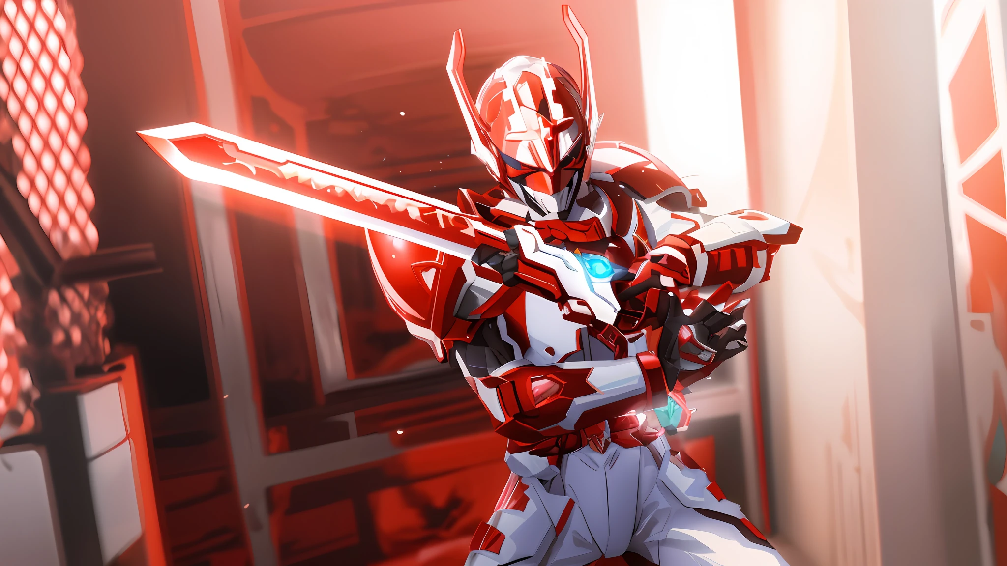 Alphad image of a man holding a sword in a red and white costume, high fantasy kamen rider, kamen rider action pose, unreal engine render saint seiya, 8 k cg render, kamen rider character, akihiko yoshida. illusory engine, White and red armor, fourze, Kamen Rider, 4 k octan render, 3d 8k octan render