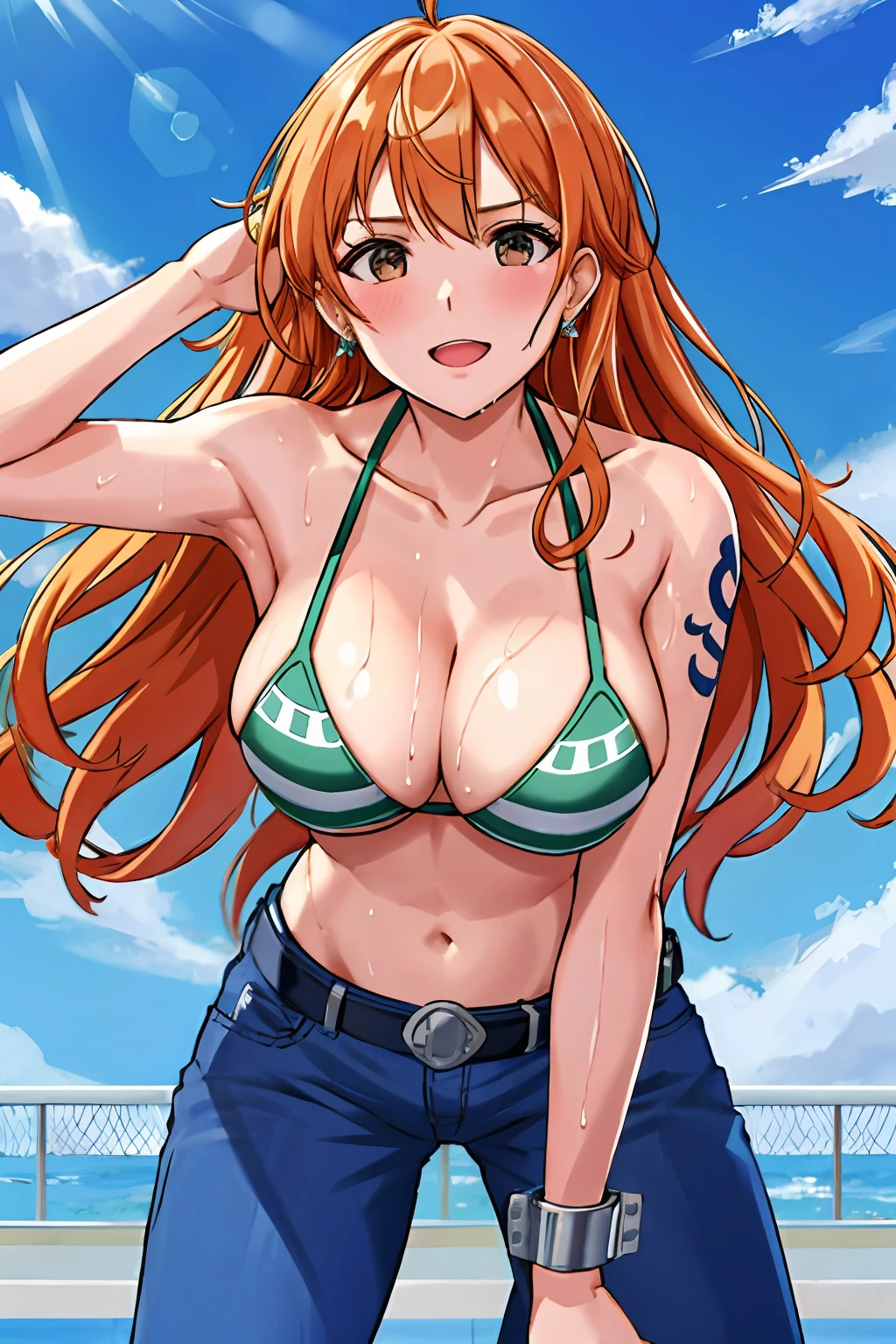 detailed background, masterpiece, 4k, best quality, late youth, adult, wrestler body, 1girl, active, energic, uppercut, (large mouth) , solo, nami \(one piece\), 1girl, bangle, (very wet, drenched in sweat, sweat all over body, very wet hair, tired, taking breath, open mouth, hand on stomach, sweaty face, sweaty body, panting, sweating too much, shiny sweat, sweat stains, leaning forward, tilting, hands on knees, waving good bye), perfect detailed face, bold drawing lines, muscular arms, detailed bold arm lines, flat jaw, adult woman, wavy wide streaked bangs, floating bang streaks, (big cheeks), bare shoulders, off-shoulders, belt, bikini, bikini top only, blue sky, bracelet, springy breasts, breast lines, big round eyes, plain big brown shiny eyes, bubbles, high eye position, cleavage, cloud, day, denim, earrings, floating hair, shiny hair, green belt, green bikini, bold groin lines, jeans, jewelry, large breasts, log pose, long hair, looking at viewer, navel, wet hair, orange hair, pants, shoulder tattoo, sidelocks, sky, solo, standing, stomach, swimsuit, tattoo , looking at viewer, open mouth, detailed left arm, big forehead, hourglass figure, small head, toned body, wide hair, wind effect, sun effect, under the sun, narrow small ears angle, older, random poses,
