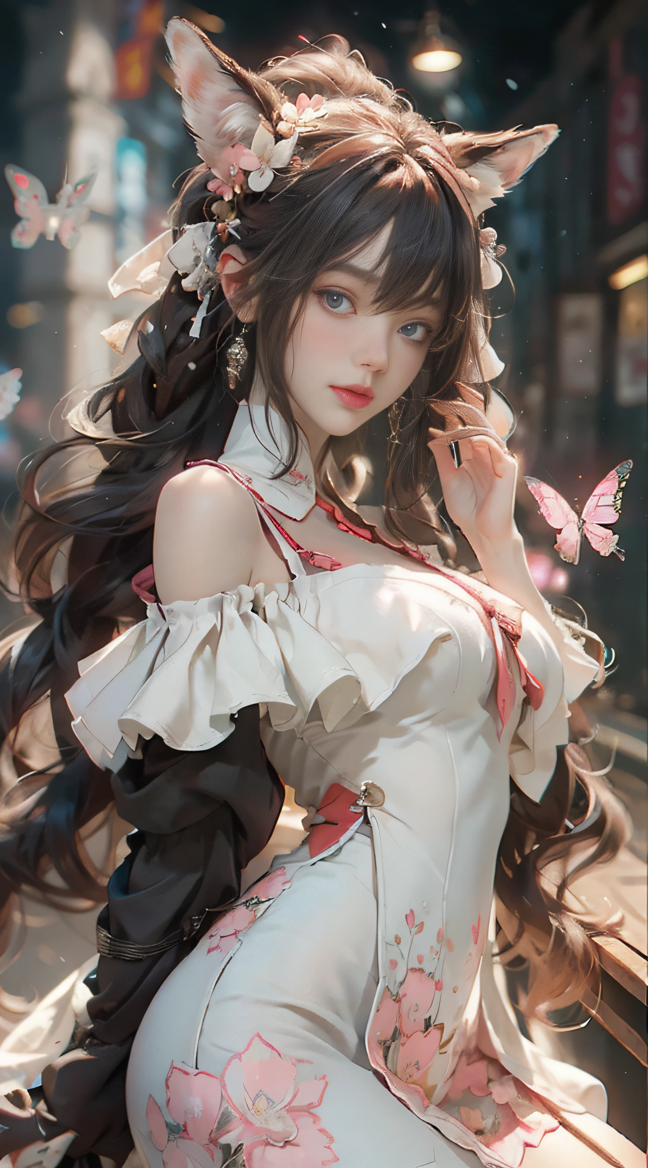 ((best qualtiy)), ((tmasterpiece)), (detail:1.4), Beautiful cyberpunk female images,hdr(HighDynamicRange),Ray traching,NVIDIA RTX,Hyper-Resolution,illusory 5,sub surface scattering,PBR textures,post-proces,Anisotropy Filtering,depth of fields,maximum definition and sharpness,Many-Layer Textures,Albedo e mapas Speculares,Surface coloring,Mitsu-Accurate simulation of material interactions,perfectly proportioned,rendering by octane,Two-colored light,largeaperture,Low ISO,White balance,Rule three points、8K raw data、Beautiful bright blue pupils,off-the-shoulder clothes,Fine pupils,Delicate face and eyes,long eyelasher,Blushlush,Delicate and fluffy hair,pink lip,Pure,Cute face,Sweet girl,Artistic sense,Casual wear,Advancedsense,butterflys,Cherry blossom petal,Beautiful hair accessories,Long hair and waist,Hair fluttering in the wind,Snow-white fox ears,curlies,Snow-white fluffy tail,Positive light,The light from the back window is backlighted
