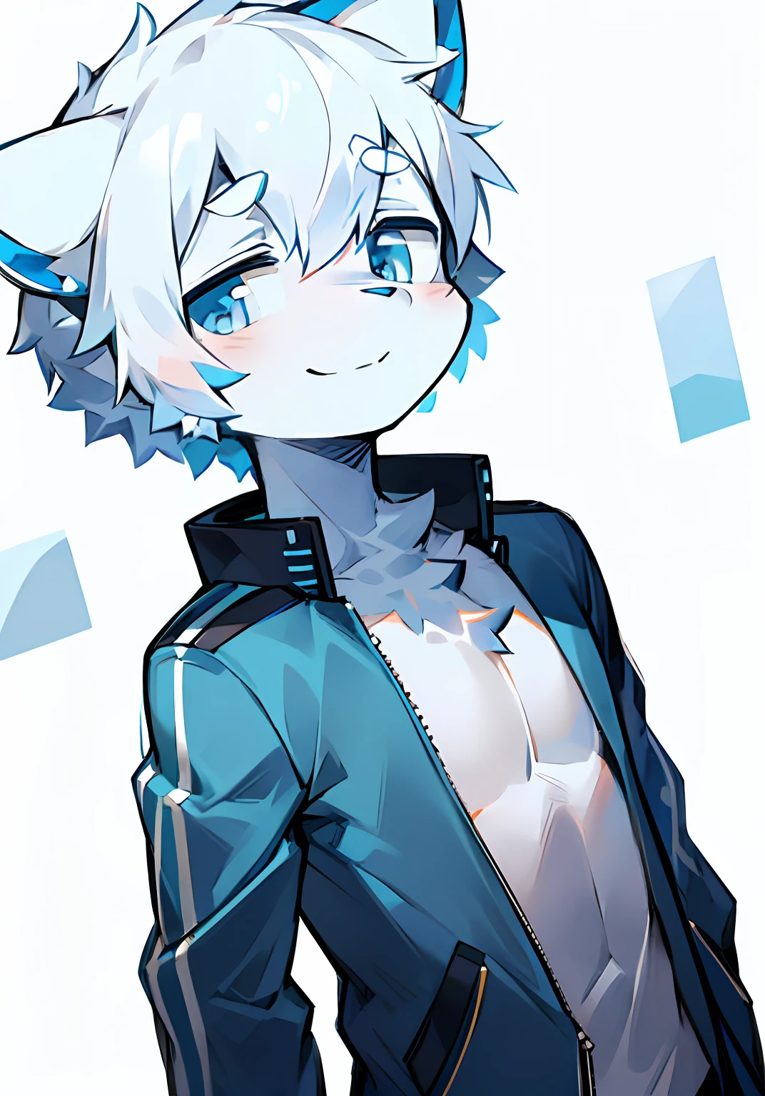 1boy（Shyness 1.2）Light blue eyes，White hair，Light blue baseball jacket，Male cute，with a pure white background，The upper part of the body，（smile1.0），The head is located in the center of the graphic，The graph poses perpendicular to the x-axis of the graph，beast ear，Light blue headphones