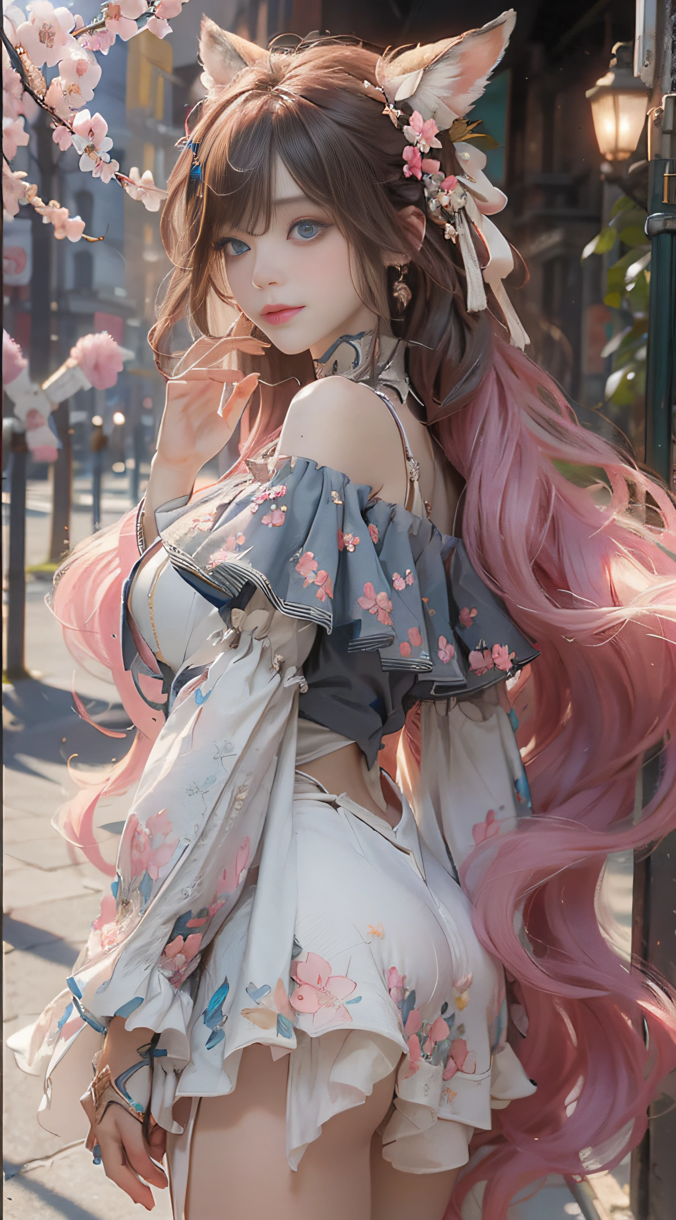 ((best qualtiy)), ((tmasterpiece)), (detail:1.4), Beautiful cyberpunk female images,hdr(HighDynamicRange),Ray traching,NVIDIA RTX,Hyper-Resolution,illusory 5,sub surface scattering,PBR textures,post-proces,Anisotropy Filtering,depth of fields,maximum definition and sharpness,Many-Layer Textures,Albedo e mapas Speculares,Surface coloring,Mitsu-Accurate simulation of material interactions,perfectly proportioned,rendering by octane,Two-colored light,largeaperture,Low ISO,White balance,Rule three points、8K raw data、Beautiful bright blue pupils,off-the-shoulder clothes,Fine pupils,Delicate face and eyes,long eyelasher,Blushlush,Delicate and fluffy hair,pink lip,Pure,Cute face,Sweet girl,Artistic sense,Casual wear,Advancedsense,butterflys,Cherry blossom petal,Beautiful hair accessories,Long hair and waist,Hair fluttering in the wind,Snow-white fox ears,curlies,Snow-white fluffy tail,Positive light,The light from the back window is backlighted