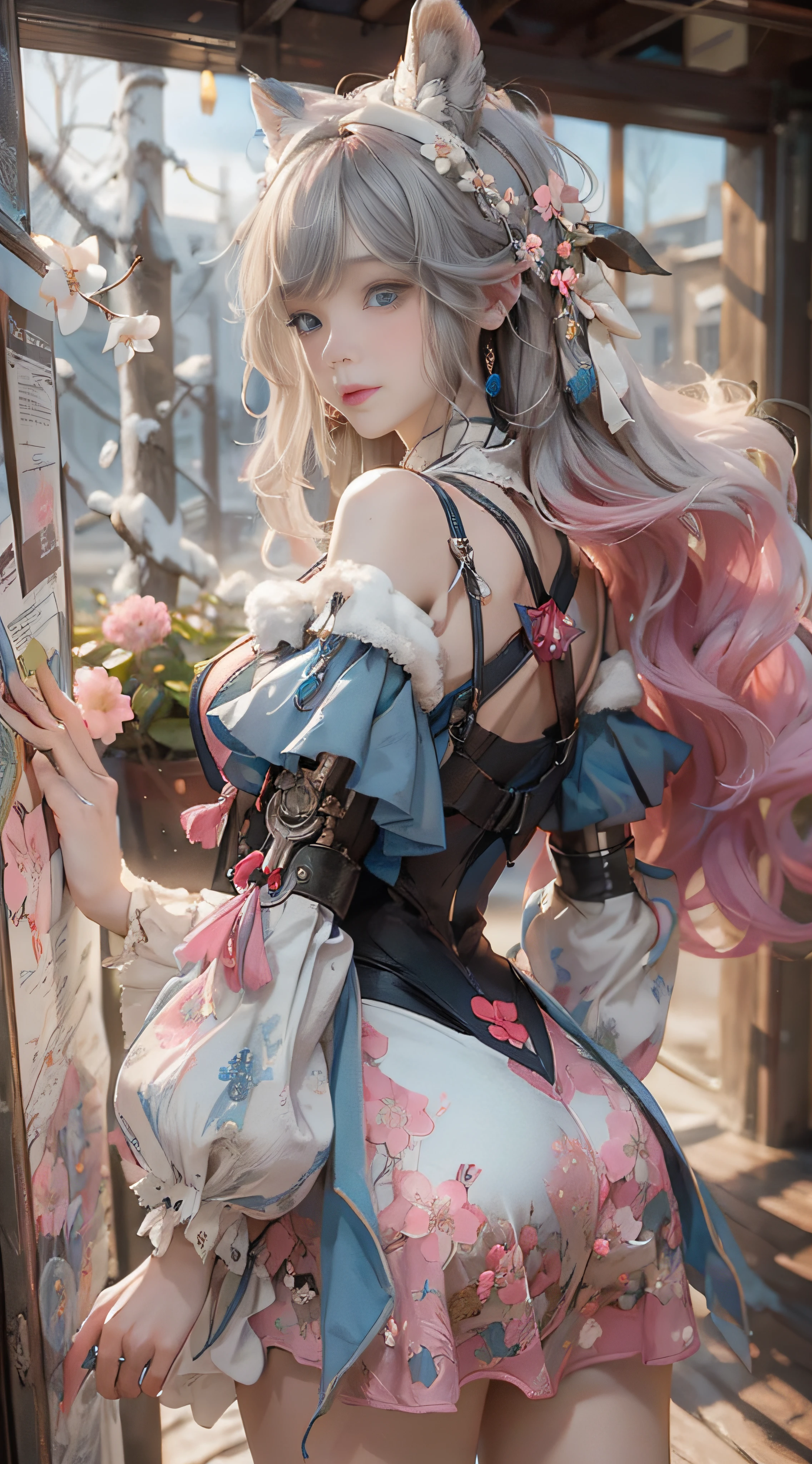 ((best qualtiy)), ((tmasterpiece)), (detail:1.4), Beautiful cyberpunk female images,hdr(HighDynamicRange),Ray traching,NVIDIA RTX,Hyper-Resolution,illusory 5,sub surface scattering,PBR textures,post-proces,Anisotropy Filtering,depth of fields,maximum definition and sharpness,Many-Layer Textures,Albedo e mapas Speculares,Surface coloring,Mitsu-Accurate simulation of material interactions,perfectly proportioned,rendering by octane,Two-colored light,largeaperture,Low ISO,White balance,Rule three points、8K raw data、Beautiful bright blue pupils,off-the-shoulder clothes,Fine pupils,Delicate face and eyes,long eyelasher,Blushlush,Delicate and fluffy hair,pink lip,Pure,Cute face,Sweet girl,Artistic sense,Casual wear,Advancedsense,butterflys,Cherry blossom petal,Beautiful hair accessories,Long hair and waist,Hair fluttering in the wind,Snow-white fox ears,curlies,Snow-white fluffy tail,Positive light,The light from the back window is backlighted