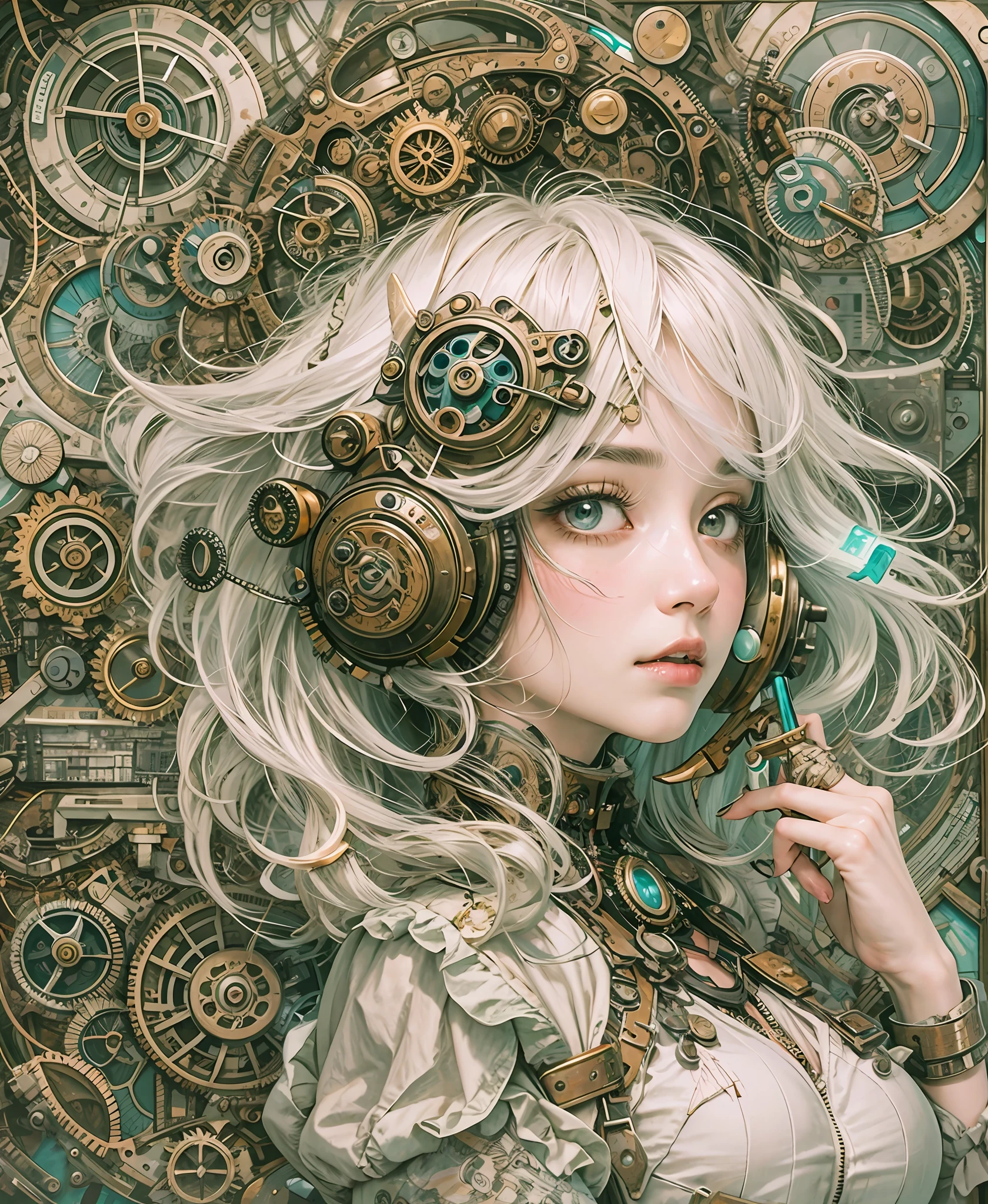 Official Art、Unity 8k wallpapers、ultra-detailliert、Beautifully Aesthetic、hightquality、Beautiful fece、masterpiece、top-quality、white hair、(steampunc)(Zentangle、a Mandala、Tangle、Entangle:0.6)、