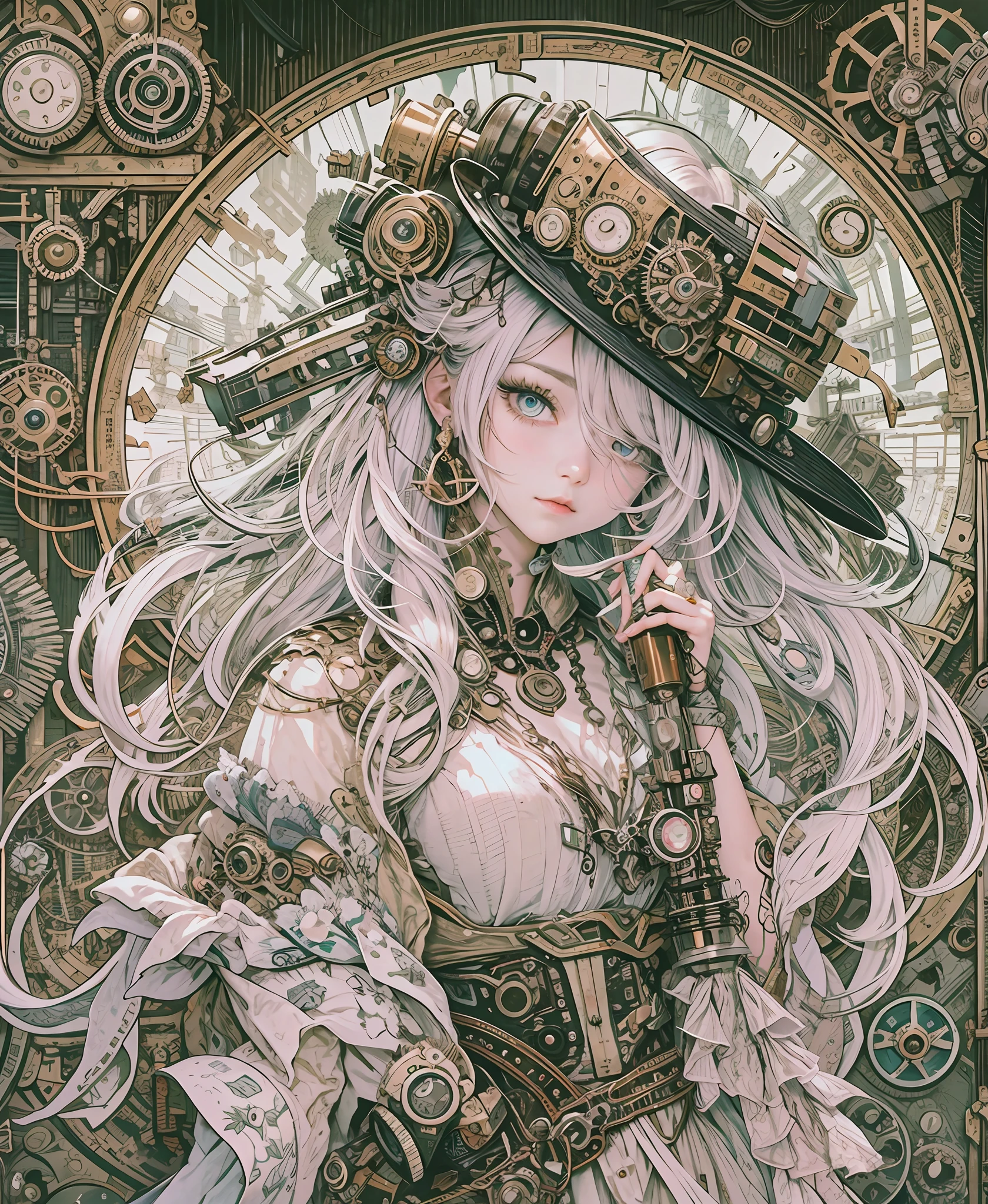 Official Art、Unity 8k wallpapers、ultra-detailliert、Beautifully Aesthetic、hightquality、Beautiful fece、masterpiece、top-quality、white hair、(steampunc)(Zentangle、a Mandala、Tangle、Entangle:0.6)、