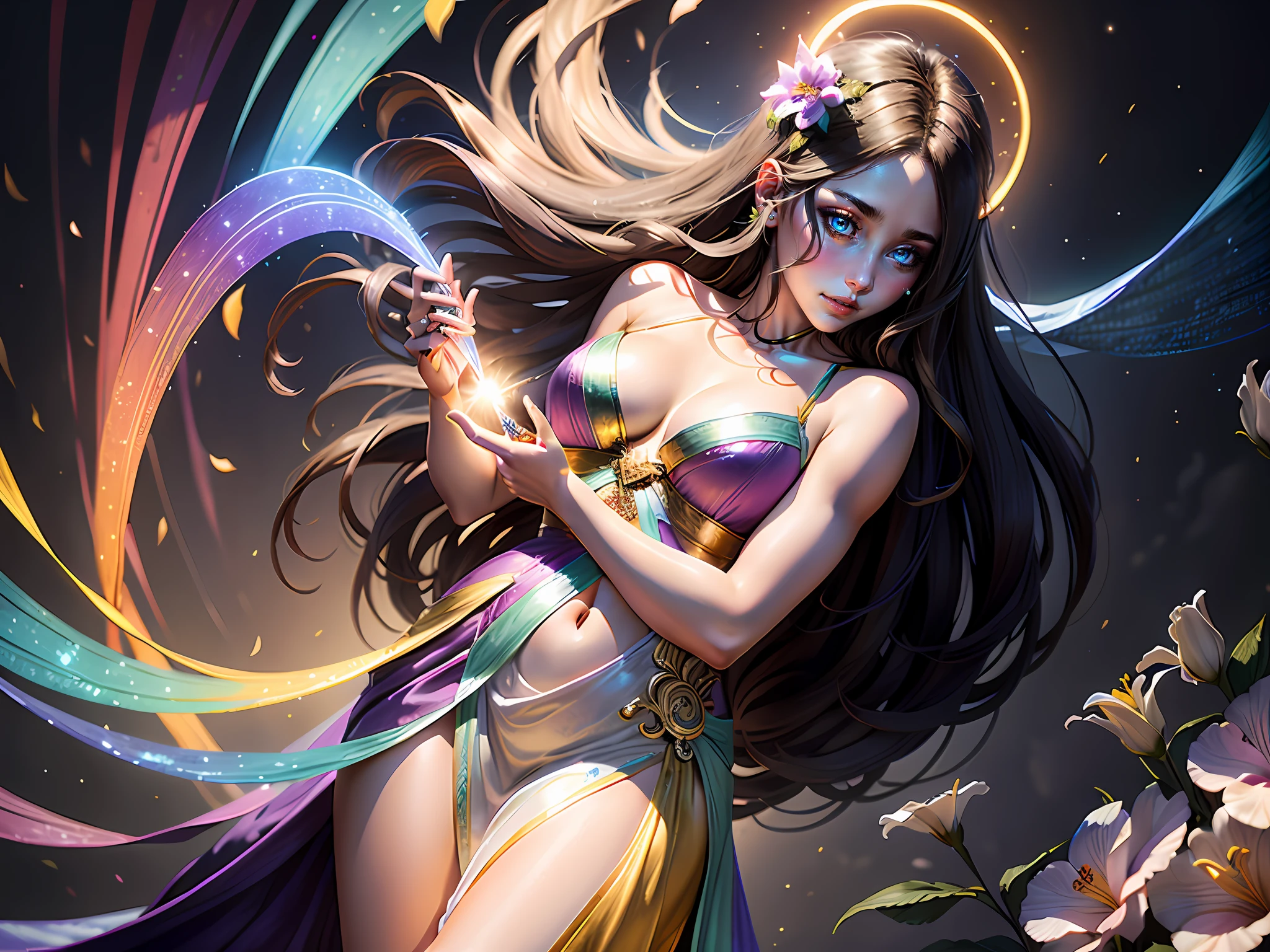 Iris, the Greek goddess, European woman, 35-years-old, presents a slender and ethereal body, wrapped in a luminous robe that reflects the colors of the rainbow. Her delicate-featured face radiates grace and serenity with her large, heavenly-colored eyes and her gentle smile. On her wavy hair, dewdrops shine, forming a glowing halo around her. She wears multicolored wings on her back, which flash with her every movement. She finds herself in a lush flower garden, with a rainbow rising majestically in the sky, giving off an aura of magic and hope.