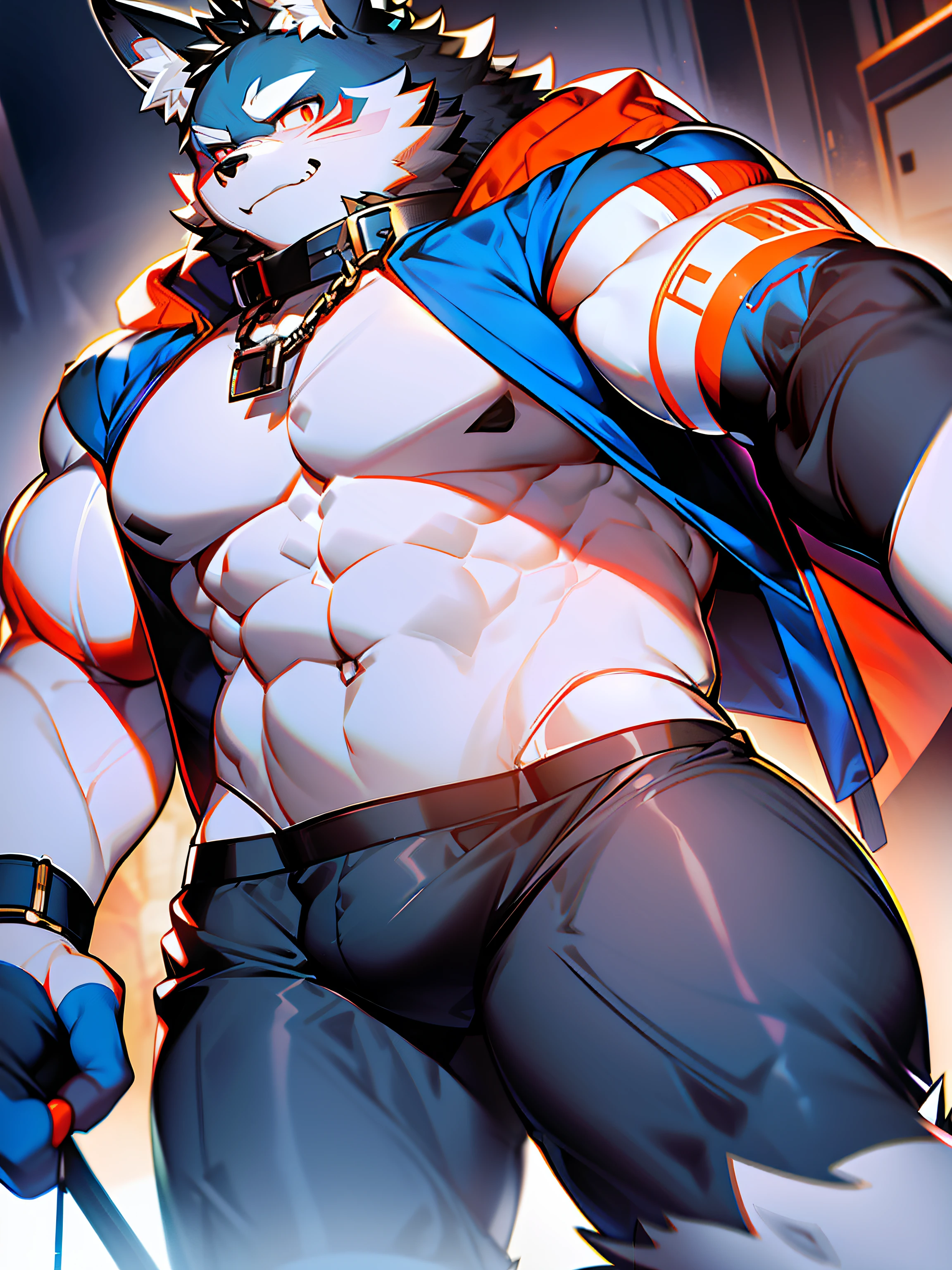 coyote，Furry，Dark blue pattern，Black hair，musculature，Muscle men，nakeness，Strong，ultraclear，Has a large ，Collar，Black  shorts，Black sclera，red pupils，Abs，Red coat，The erection，Collar，Has a large ，der riese，tit，Solo，Stout arms，Storm jacket，hold fists，Badge，Pronounced abs，Huge body，Smaller head，超高分辨率，Complex images