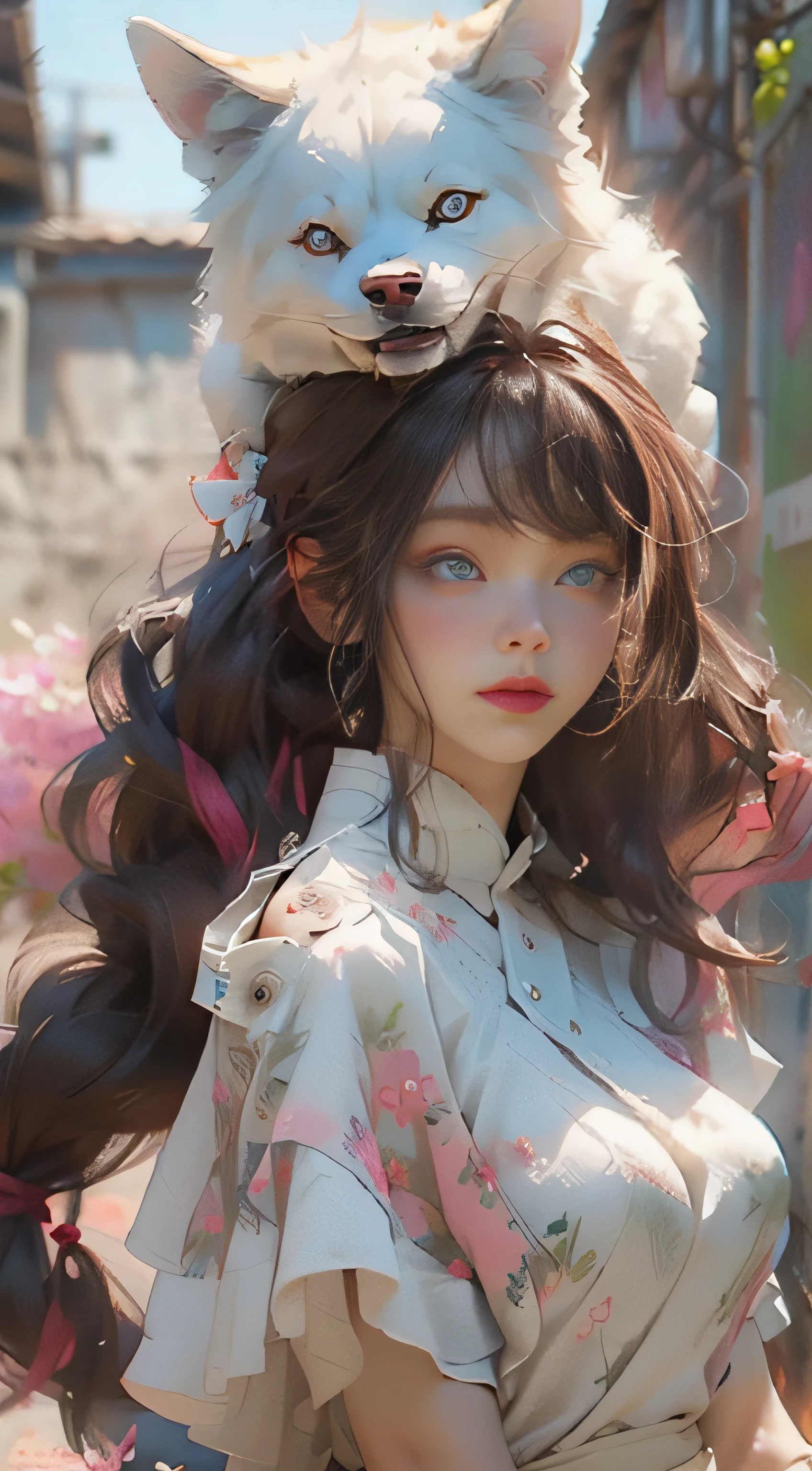 ((best qualtiy)), ((tmasterpiece)), (detail:1.4), Beautiful cyberpunk female images,hdr(HighDynamicRange),Ray traching,NVIDIA RTX,Hyper-Resolution,illusory 5,sub surface scattering,PBR textures,post-proces,Anisotropy Filtering,depth of fields,maximum definition and sharpness,Many-Layer Textures,Albedo e mapas Speculares,Surface coloring,Mitsu-Accurate simulation of material interactions,perfectly proportioned,rendering by octane,Two-colored light,largeaperture,Low ISO,White balance,Rule three points、8K raw data、Beautiful bright blue pupils,off-the-shoulder clothes,Fine pupils,Delicate face and eyes,long eyelasher,Blushlush,Delicate and fluffy hair,pink lip,Pure,Cute face,Sweet girl,Artistic sense,Casual wear,Advancedsense,butterflys,Cherry blossom petal,Beautiful hair accessories,Long hair and waist,Hair fluttering in the wind,Snow-white fox ears,curlies,Lots of white and pink,Complicated details