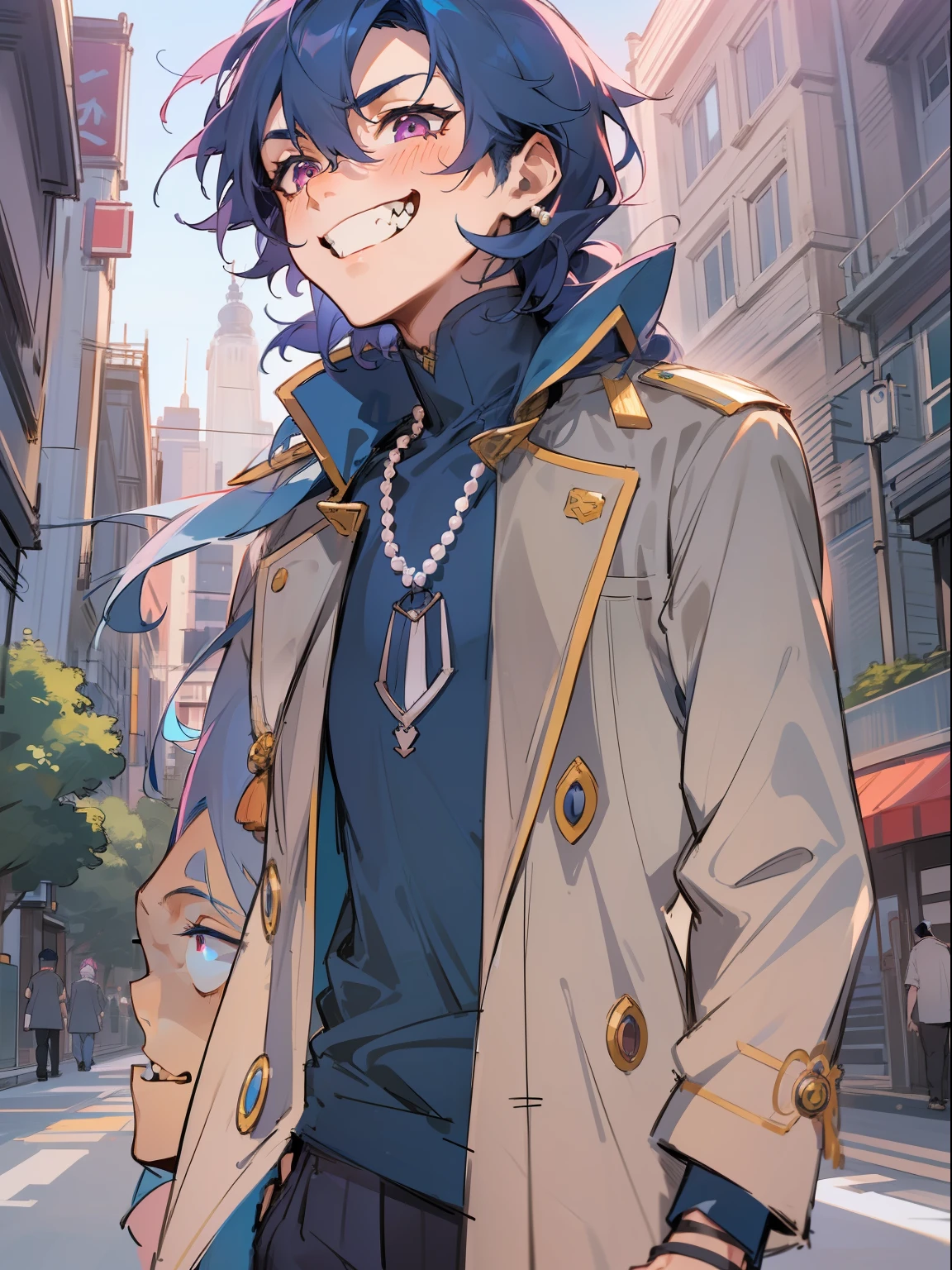 Ultra Detail,Haig Quality,sketch,1boy,matured male,Beautiful face,(navy blue hair,outside hair:1.3),Handsome men,Pearl skin,black T shirt,moss green mods coat,Dynamic Angle,Japan Anime,pink eyes,laugh,like a cat eyes,city
