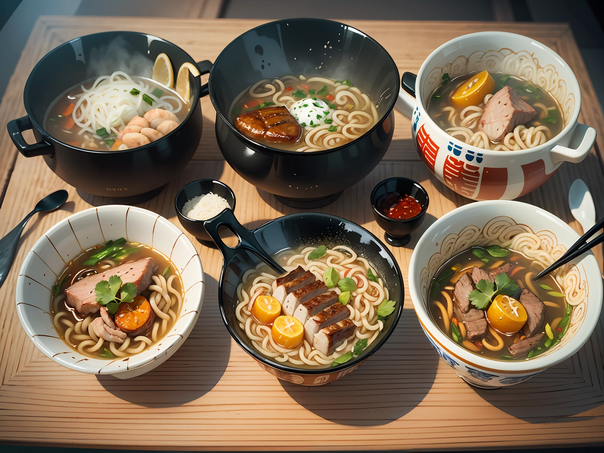 food Sheet of Different types of instant noodle soups on the table,resturant background,one with beef,one with chickens,one with pork,one with spicy seafood,one is shan noodles,from above view,realistic colours,trending,on artstaion,intricacy of the design,delicated features,3d render,ornate food,neat,opulent noodles bowl,sharpness,highly quality,highly resolution,studio lighting,ultra details,tasteful food,hyper realism,UHD,HDR,detailed chopsticks, --auto --s2