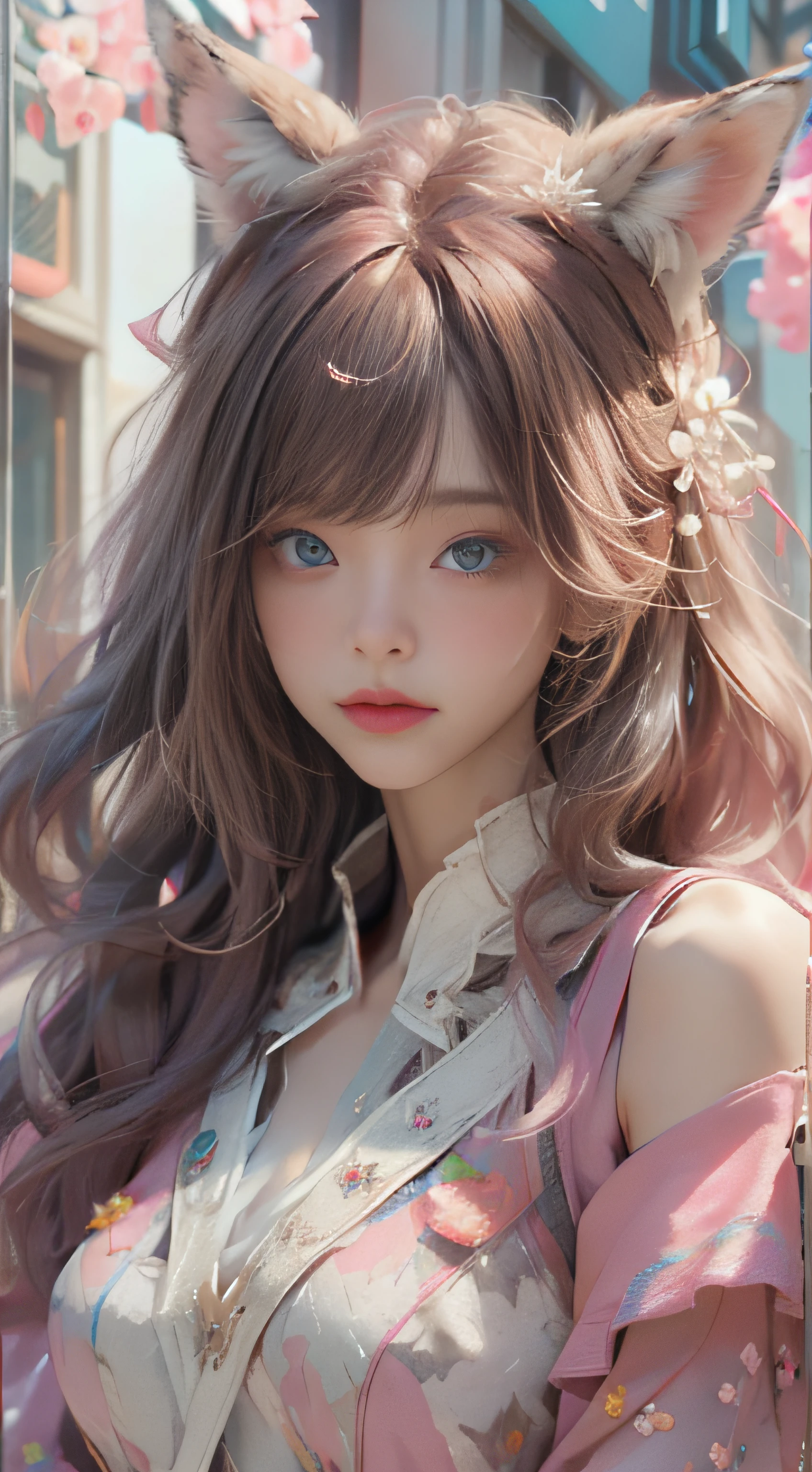 ((best qualtiy)), ((tmasterpiece)), (detail:1.4), Beautiful cyberpunk female images,hdr(HighDynamicRange),Ray traching,NVIDIA RTX,Hyper-Resolution,illusory 5,sub surface scattering,PBR textures,post-proces,Anisotropy Filtering,depth of fields,maximum definition and sharpness,Many-Layer Textures,Albedo e mapas Speculares,Surface coloring,Mitsu-Accurate simulation of material interactions,perfectly proportioned,rendering by octane,Two-colored light,largeaperture,Low ISO,White balance,Rule three points、8K raw data、Beautiful bright blue pupils,off-the-shoulder clothes,Fine pupils,Delicate face and eyes,long eyelasher,Blushlush,Delicate and fluffy hair,pink lip,Pure,Cute face,Sweet girl,Artistic sense,Casual wear,Advancedsense,butterflys,Cherry blossom petal,Beautiful hair accessories,Long hair and waist,Hair fluttering in the wind,Snow-white fox ears,curlies,Lots of white and pink,Complicated details