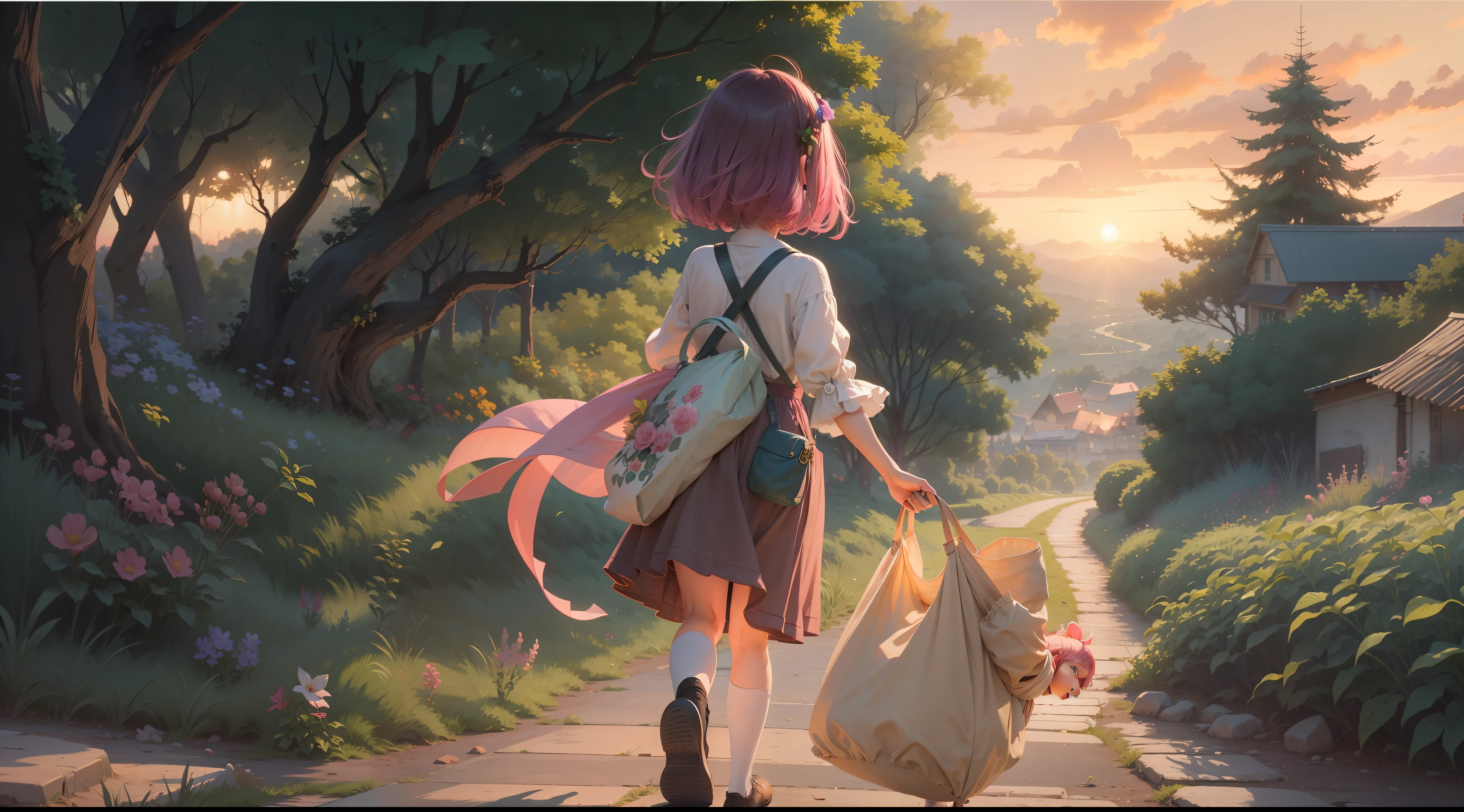 A little girl carrying a cloth bag slowly walked through the green path, The top of the head is a pink sunset, In the distance, the smoke of the hometown can be faintly seen。Telescopic shot, high detail, anime, Romanticism, anime style, cinematic lighting, Fujicolor, ccurate, masterpiece, anatomically correct, high details, high quality, best quality, 8k
