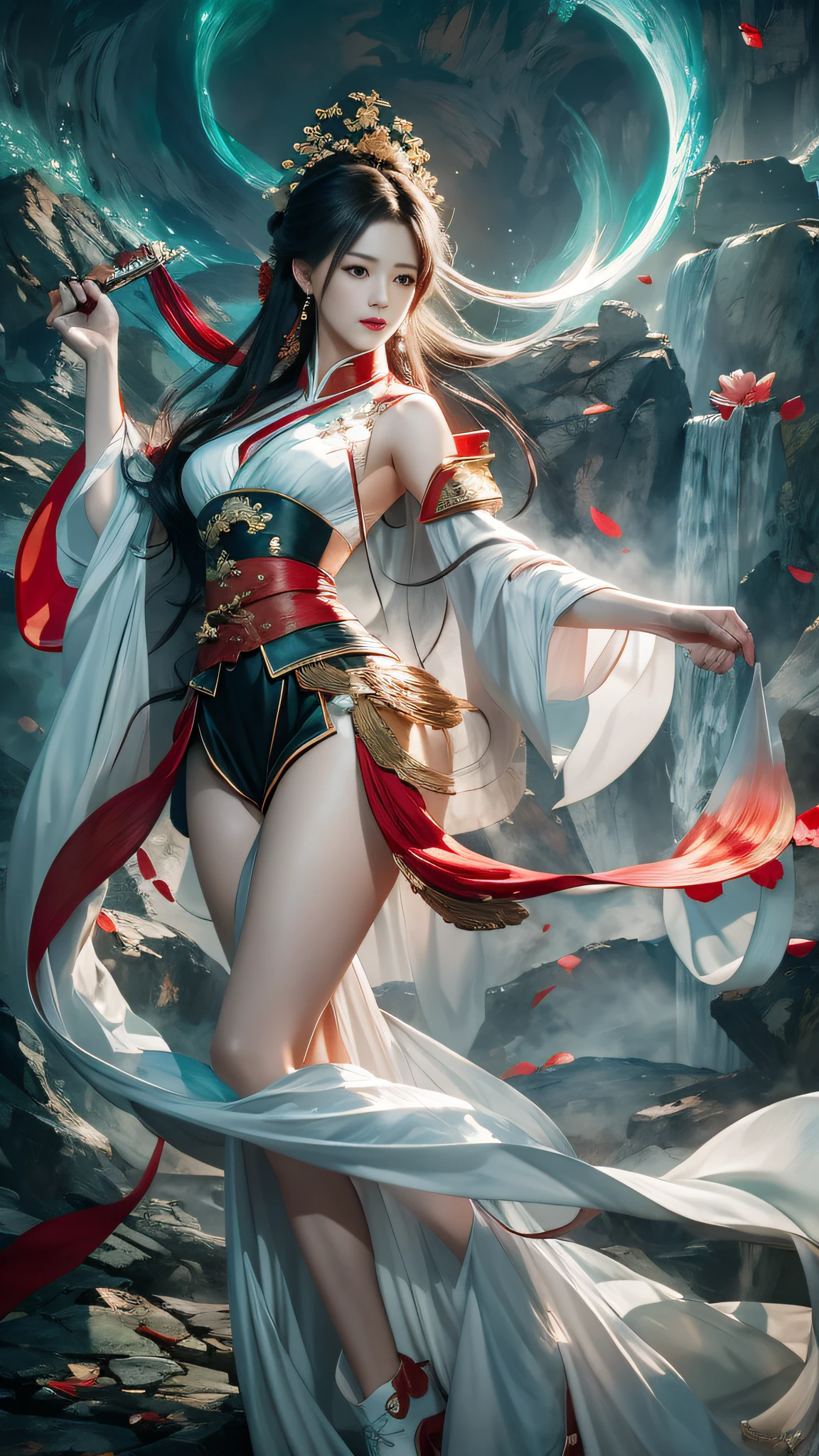 A woman in a white dress and red cloak poses for a photo, by Yang J, Artgerm and Ruan Jia, IG model | Art germ, ruan jia and artgerm, Extremely detailed Artgerm, full-body xianxia, art-style, author：ruanjia、stanely artgerm, Style Artgerm，Works of masters，Best image quality，Higher quality，high detal，超高分辨率，8K分辨率