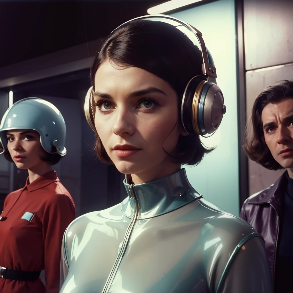 4k image from a 1960s science fiction film, Imagem do filme de Wes Anderson, pastels colors, Students with alien accessories and a woman with transparent glass helmet are wearing retro-futuristic fashion clothes and futuristic ornaments and technological devices on the street, Luz Natural, cinemactic, Psicodelia, retro-futurista,