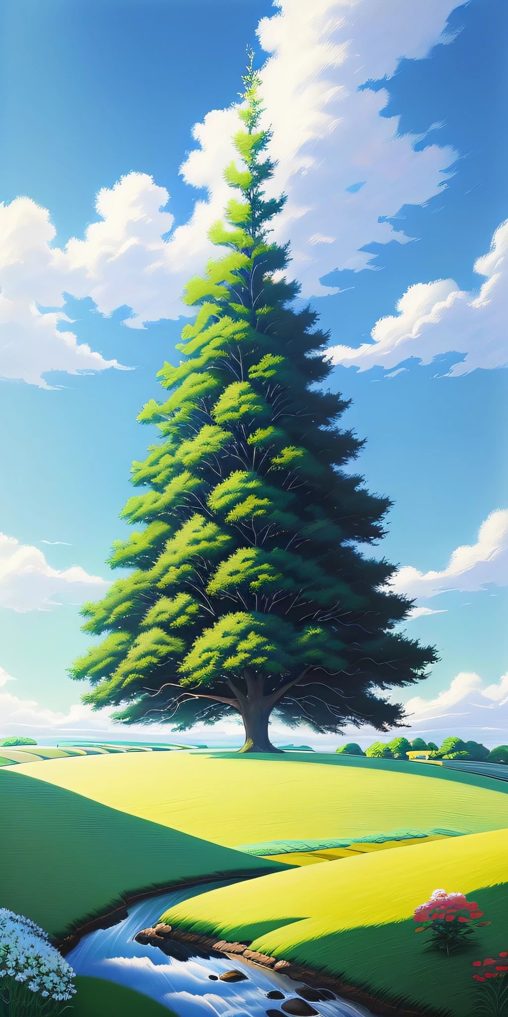 Realistic, authentic, beautiful and amazing landscape oil painting Studio Ghibli Hayao Miyazaki's petal grassland with blue sky and white clouds --v6