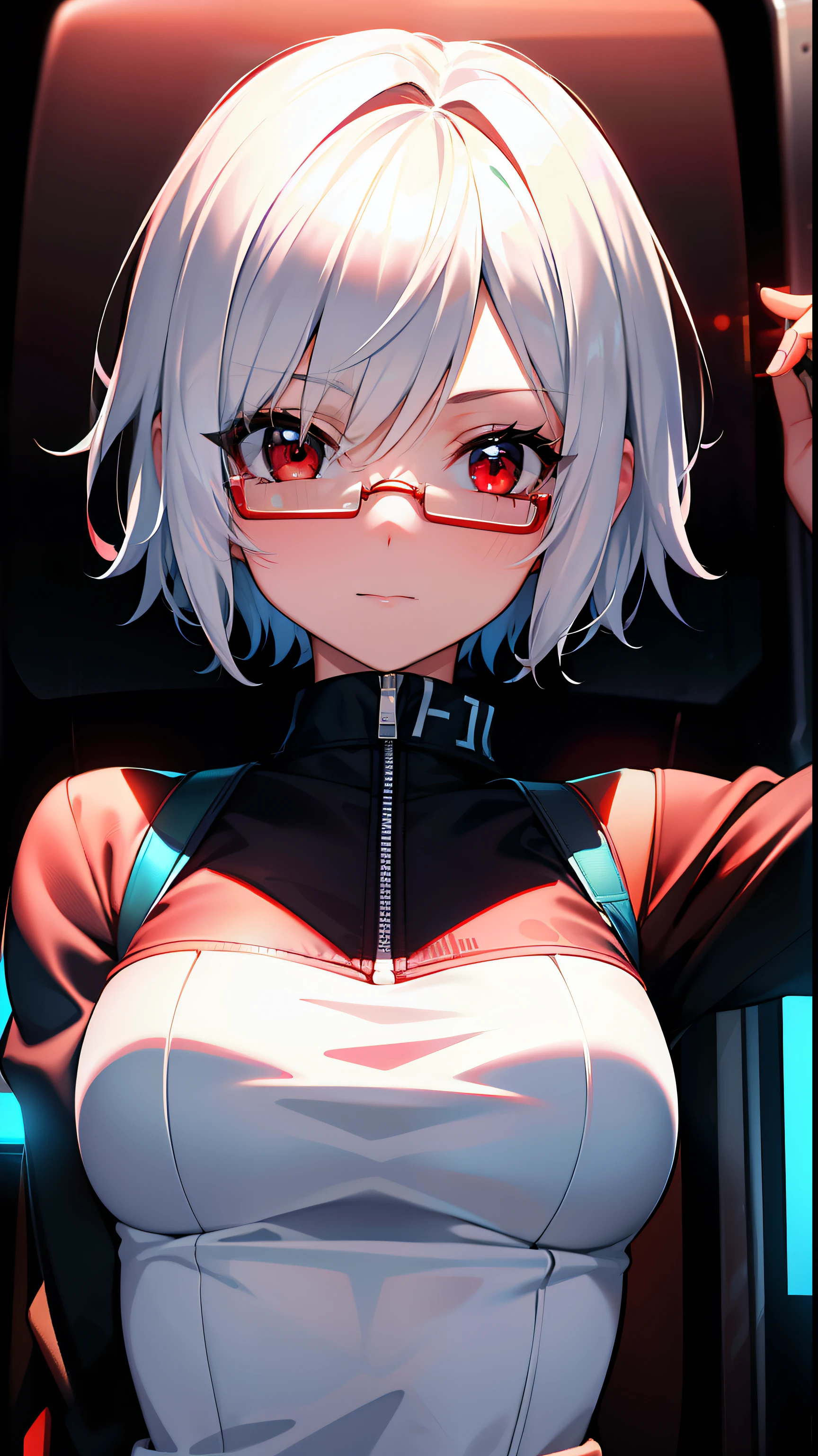 masterpiece , a girl, in a nuclear reactor, ( lite white short hair:1.2), (red eyes:1.2), (looks at the viewer:1.2) , (8k, best quality 1.2), ultra-detailed, 8k uhd, soft lighting, high quality, film grain, beautiful lighting, cinematic ,perfect body , best illumination, best shadow, sharpness, contrast, red glasses, absurdres high detailed face, figther aircraft pilot