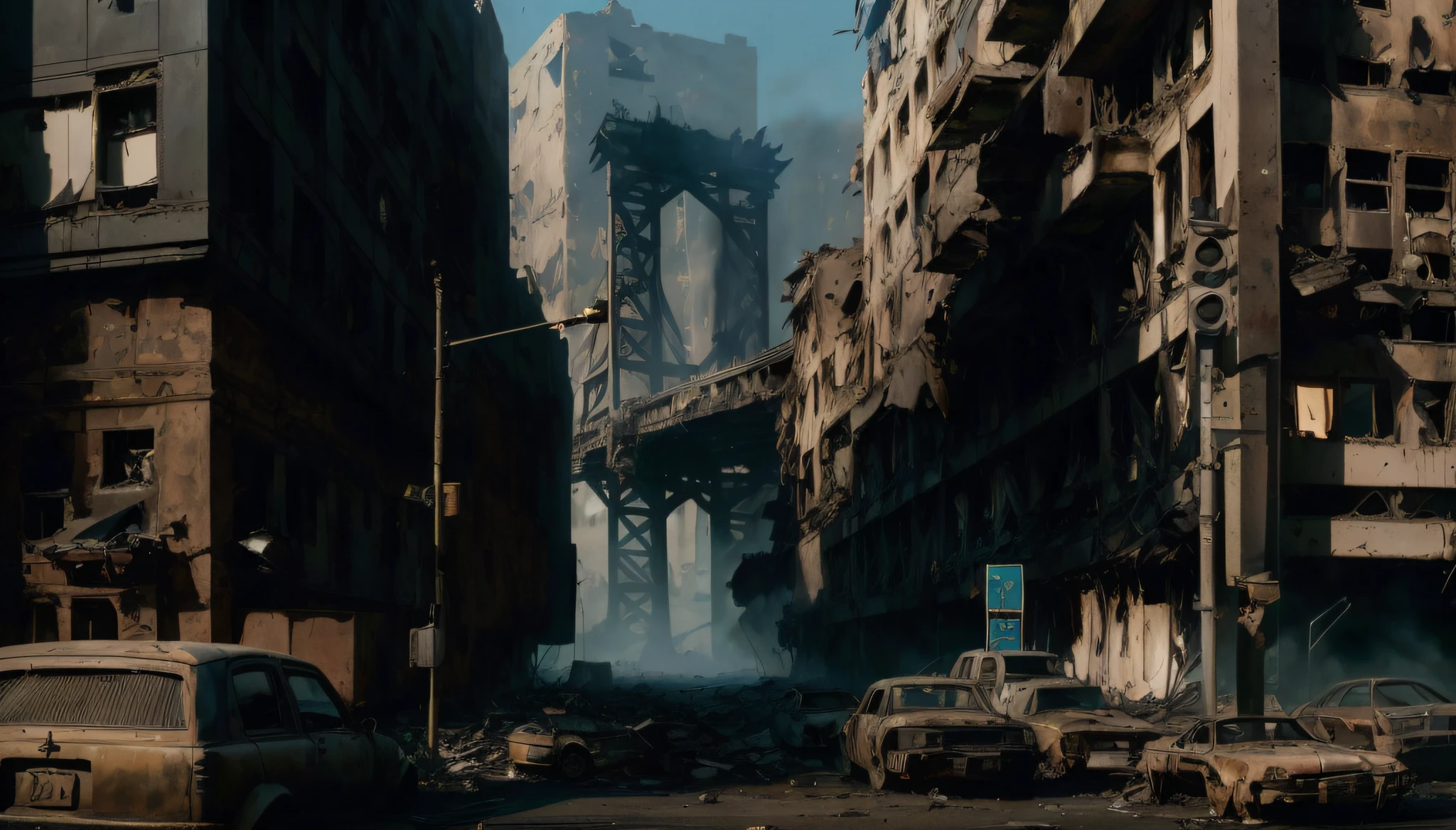 overgrown Ruin of a city scape, Mad Max, ground level, street, looted, New York skyline, post apocalyptic, skyscrapers, rusted cars, rusted bridge in the background, low fog (lots of vegetation:1.3), burning building, collapsed building, cinematic, dramatic light, architecture, blimp in sky BREAK
Photorealistic, Hyperrealistic, Hyperdetailed, analog style, detailed skin, matte skin, soft lighting, subsurface scattering, realistic, heavy shadow, masterpiece, best quality, ultra realistic, 8k, golden ratio, Intricate, High Detail, film photography, hyper detailed, photo - realistic maximum detail, volumetric light, moody cinematic epic concept art, realistic matte painting, hyper photorealistic