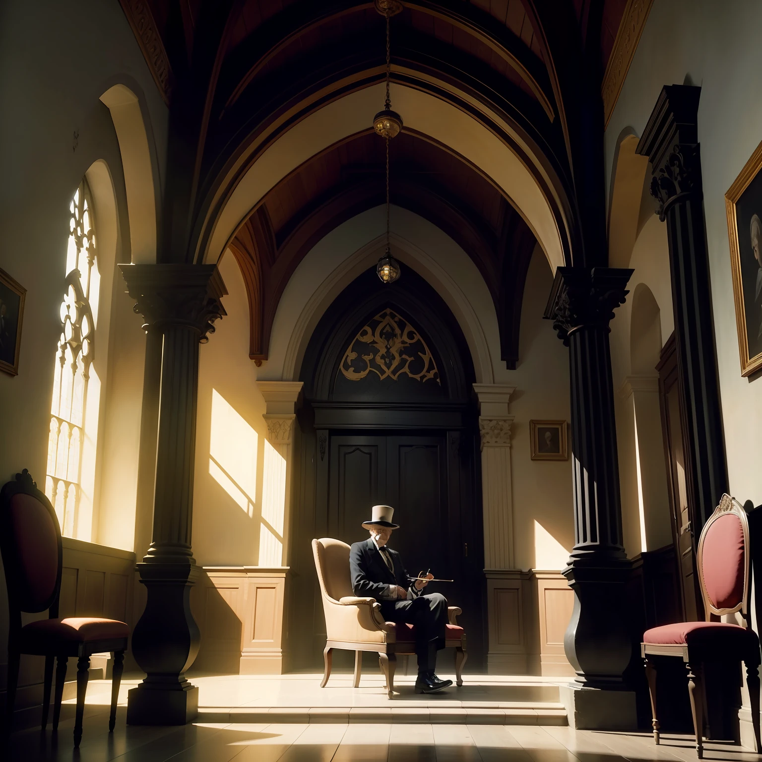 Castle lobby，Directly opposite the gate is a quaint chair，The old man sat in a chair，He was wearing a black suit，The shadow of the black top hat covered half of the old man's face，The church is slightly dimly lit，With a crutch in his hand，With gold wire one-sided glasses