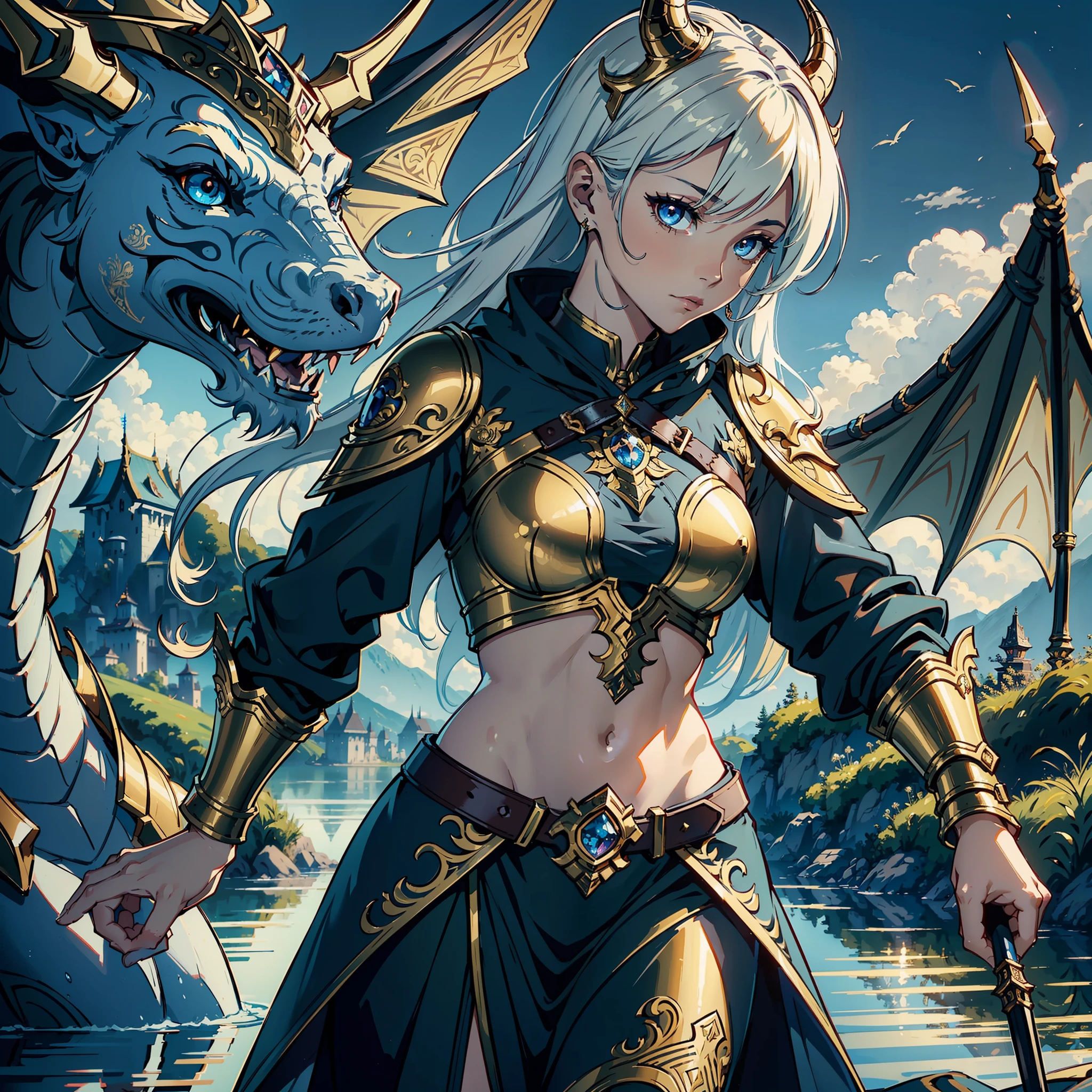 masterpiece of dnd art featuring a golden dragon (1.4 intricate details, Masterpiece, best quality) with intense blue eyes and small horns. The dragon is standing near a fantasy castle and lake, and there is a female (1.4 intricate details, Masterpiece, best quality) human rider (1.4 intricate details, Masterpiece, best quality)  an epic paladin (1.4 intricate details, Masterpiece, best quality) a female (1.4 intricate details, Masterpiece, best quality) divine warrior from an RPG. intricate details are so intricate and the quality is top-notch. The photo has a backlight and clouds in the background, giving it a serious and realistic feel. The lighting is cinematic, with reflection light, drop shadow, and depth of field. It also has a cool atmospheric perspective, UHD