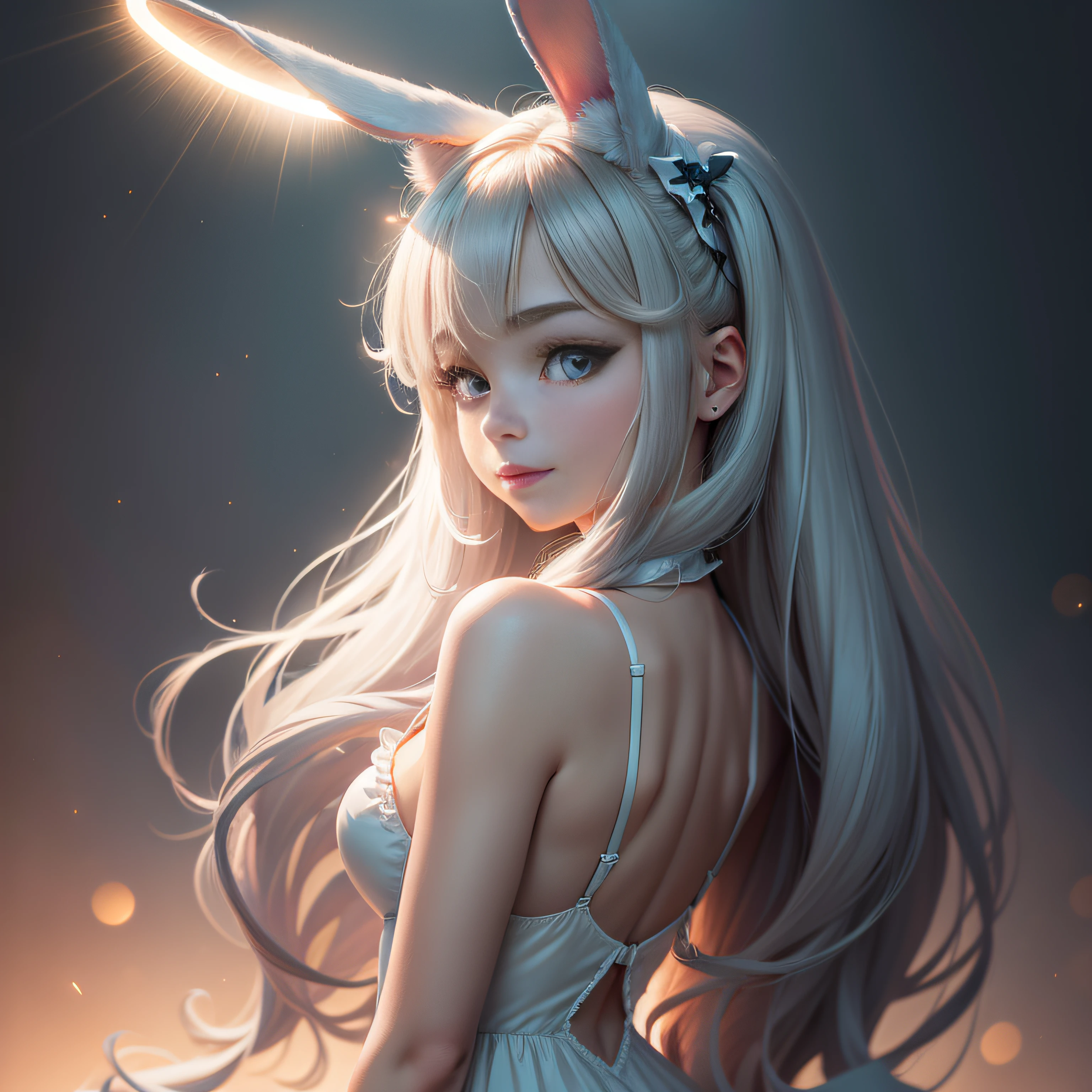 Bunny-eared beauty with furry rabbit tail，Playfully look back，Fur cute，Hair and its fluffiness，The eyes are big，having fun，Facing the camera squarely，best qualityer， tmasterpiece， A high resolution， Be red in the face， （seduct smile：0.8）， star-shaped bule pupils， Tyndall effect， realisticlying， edge lit， twotonelighting， （highdetailskin：1.2）， 8K  UHD， digital SLR camera， gentle illumination， high high quality， Volumetriclighting， Frankness， photore， A high resolution