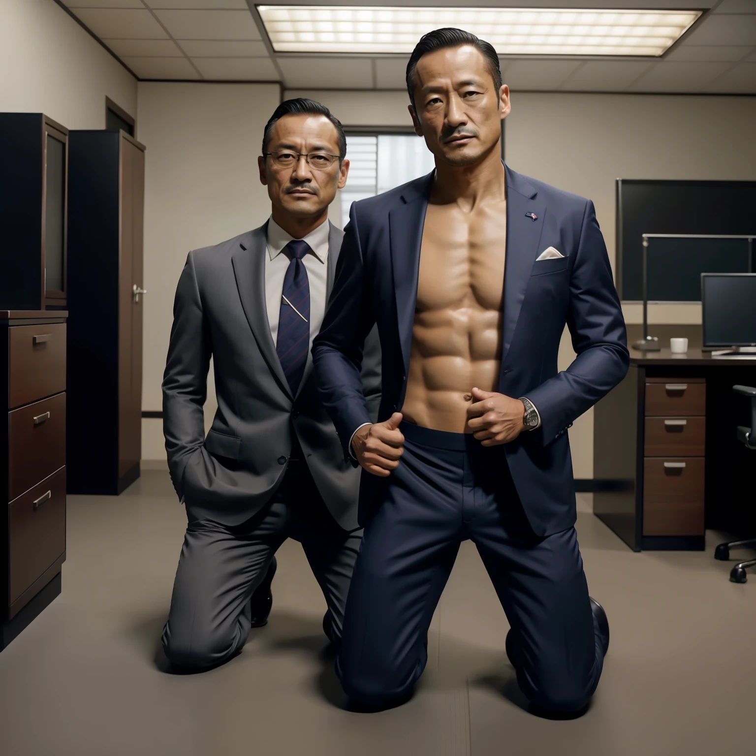 50yearsold,Hidetoshi Nakata,(Kogoro Mouri 1.3),Shirtless,Tong,Bulge,office room,black long socks,Thin,musculature,lbeard,fortitude,artwork of a,tmasterpiece,k hd,ssmile,tightsuit,Business suit,Kneeling,two guys,hand behind head