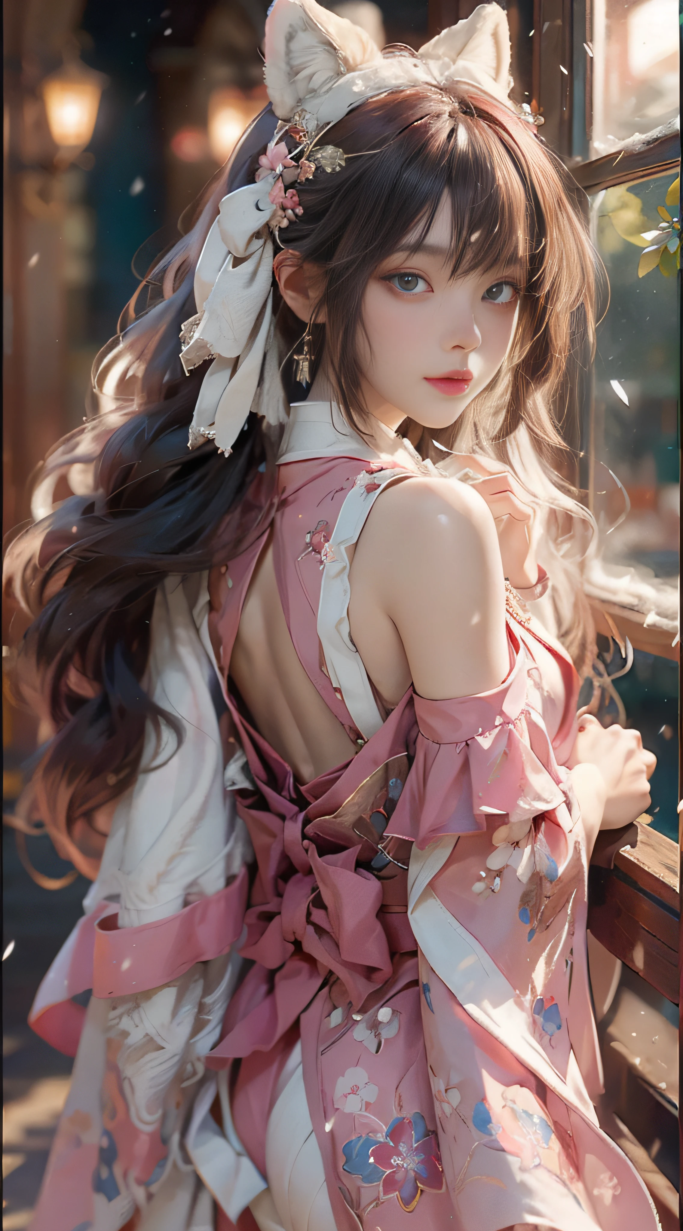 ((best qualtiy)), ((tmasterpiece)), (detail:1.4), Beautiful cyberpunk female images,hdr(HighDynamicRange),Ray traching,NVIDIA RTX,Hyper-Resolution,illusory 5,sub surface scattering,PBR textures,post-proces,Anisotropy Filtering,depth of fields,maximum definition and sharpness,Many-Layer Textures,Albedo e mapas Speculares,Surface coloring,Mitsu-Accurate simulation of material interactions,perfectly proportioned,rendering by octane,Two-colored light,largeaperture,Low ISO,White balance,Rule three points、8K raw data、Beautiful bright blue pupils,off-the-shoulder clothes,Fine pupils,Delicate face and eyes,long eyelasher,Blushlush,Delicate and fluffy hair,pink lip,Pure,Cute face,Sweet girl,Artistic sense,Casual wear,Advancedsense,butterflys,Cherry blossom petal,Beautiful hair accessories,Long hair and waist,Hair fluttering in the wind,Snow-white fox ears,curlies,Snow-white fluffy tail,Positive light,The light from the back window is backlighted