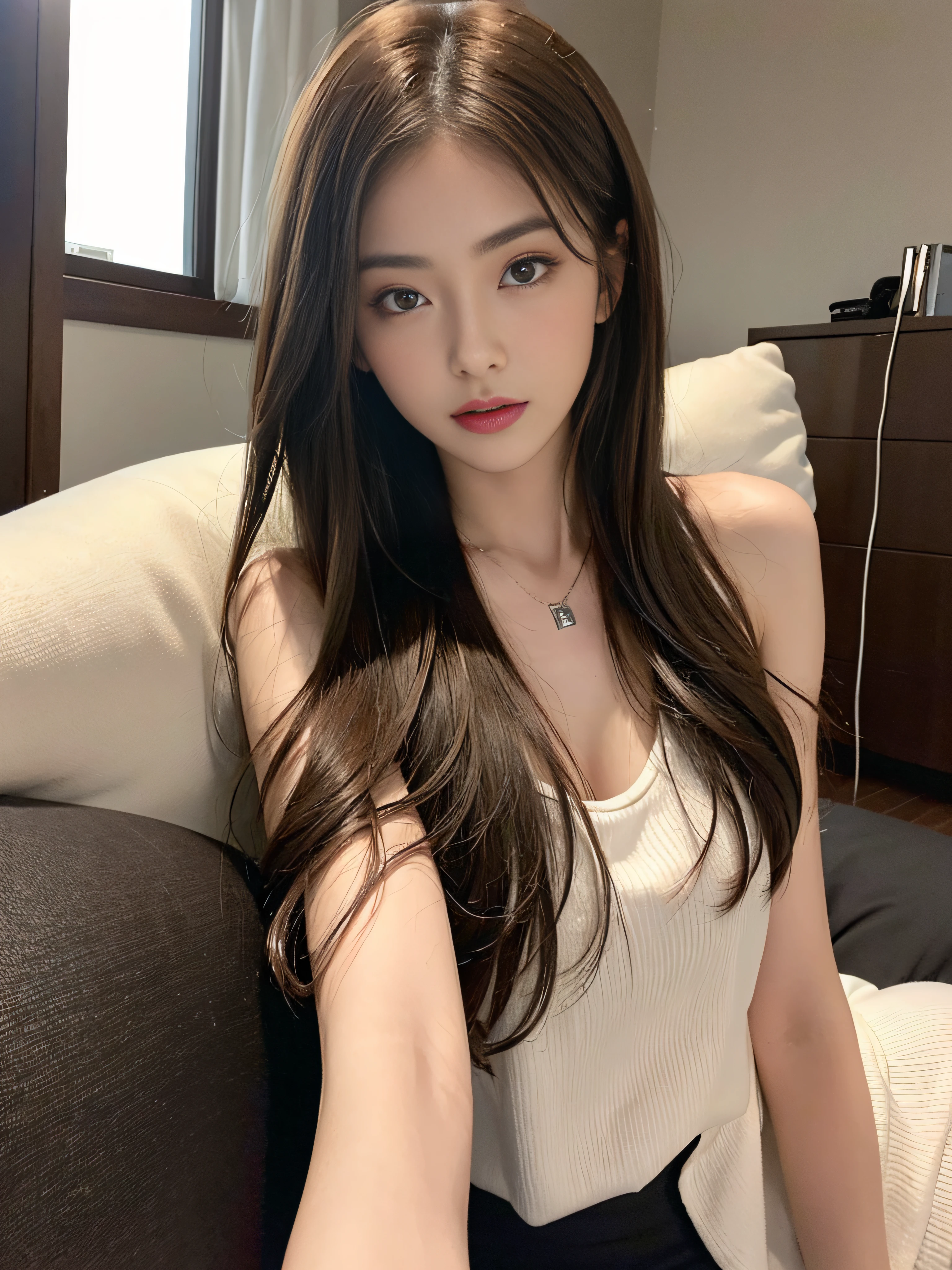 ((Realistic lighting、top-quality、8K、masterpiece:1.3))、Clear focus:1.2、((nudde:1.3))、1girl in、perfectbodybeauty:1.4、Slim abs:1.1、dark-brown eyes、((dark brown hair、middlebreasts:1.2))、(Acceleration:1.4)、Slender face、newyork、30F in a skyscraper、With large glass windows in the background、lying back、Open your legs、Looking at the camera、(24 year old:1.3)、hyperdetailed face、A detailed eye、二重まぶた、a necklace、
