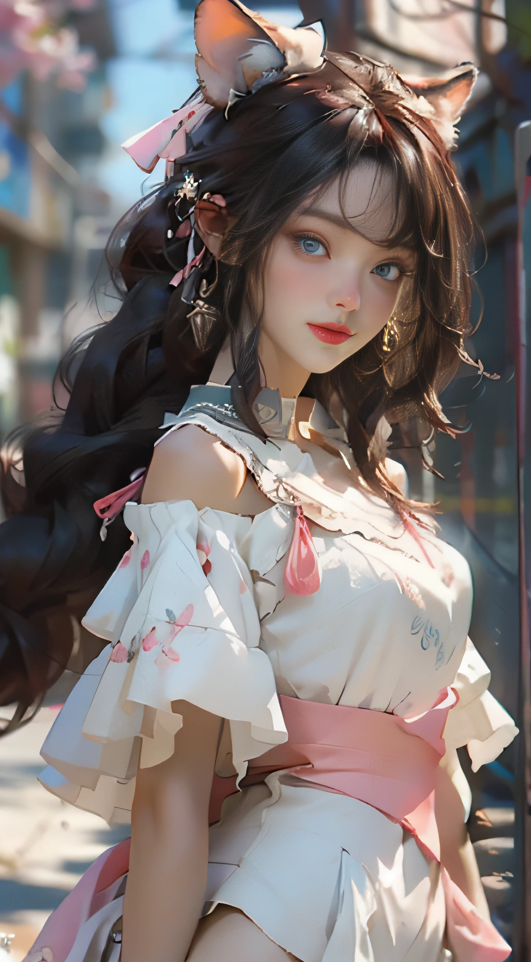 ((best qualtiy)), ((tmasterpiece)), (detail:1.4), Beautiful cyberpunk female images,hdr(HighDynamicRange),Ray traching,NVIDIA RTX,Hyper-Resolution,illusory 5,sub surface scattering,PBR textures,post-proces,Anisotropy Filtering,depth of fields,maximum definition and sharpness,Many-Layer Textures,Albedo e mapas Speculares,Surface coloring,Mitsu-Accurate simulation of material interactions,perfectly proportioned,rendering by octane,Two-colored light,largeaperture,Low ISO,White balance,Rule three points、8K raw data、Beautiful bright blue pupils,off-the-shoulder clothes,Fine pupils,Delicate face and eyes,long eyelasher,Blushlush,Delicate and fluffy hair,pink lip,Pure,Cute face,Sweet girl,Artistic sense,Casual wear,Advancedsense,butterflys,Cherry blossom petal,Beautiful hair accessories,Long hair and waist,Hair fluttering in the wind,Snow-white fox ears,curlies,Lots of white and pink,Complicated details