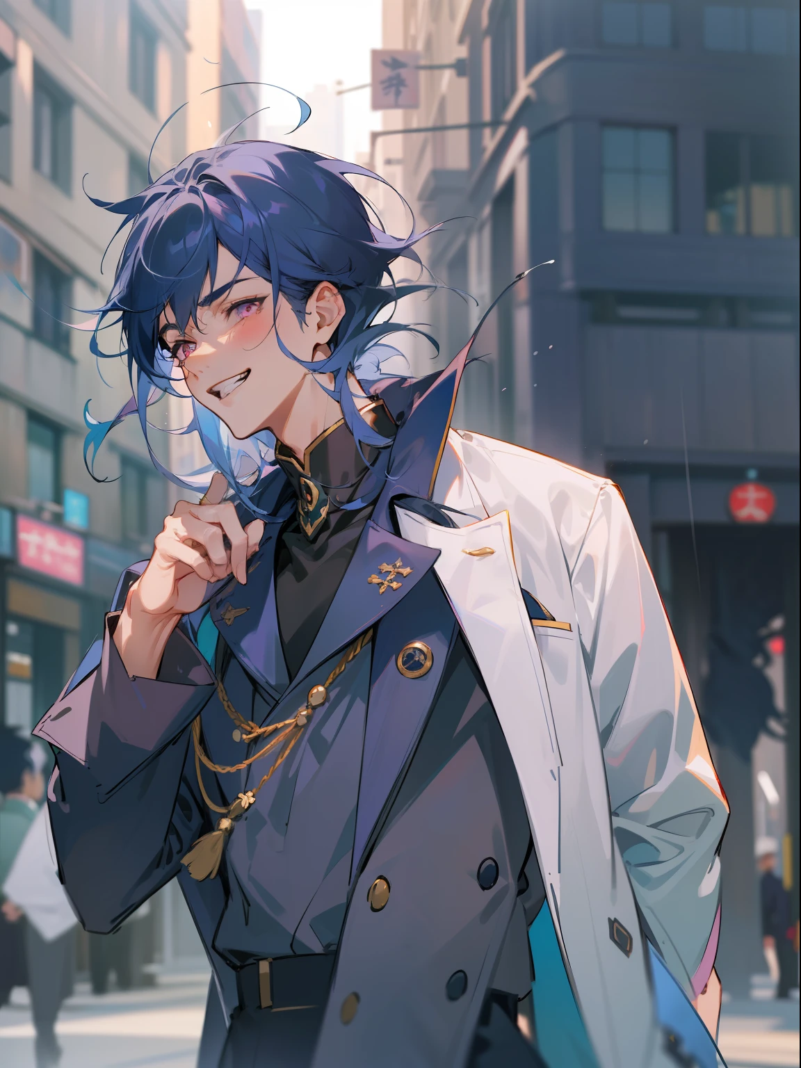 Ultra Detail,Haig Quality,sketch,1boy,matured male,Beautiful face,(navy blue hair,outside hair:1.3),Handsome men,Pearl skin,black T shirt,moss green mods coat,Dynamic Angle,Japan Anime,pink eyes,laugh,like a cat eyes,city