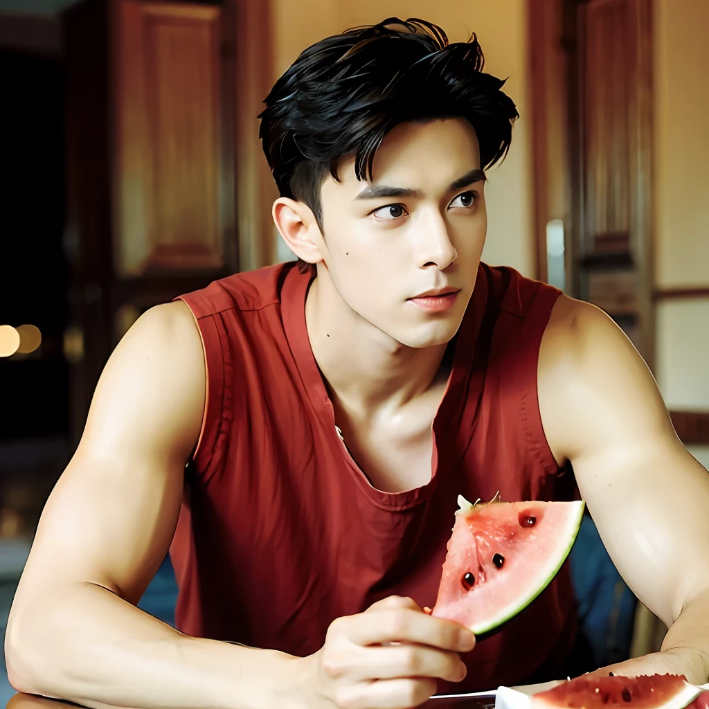 best qualtiy,(realisticlying:1.4), tmasterpiece, Kodak Portra 400, (Face focus:1.3),1boys ,white skinned,Show muscles,Cool in summer,Eating watermelon, posing on a,Midjourney and greg rutkowski's Fujifilm XT3 realistic painting art