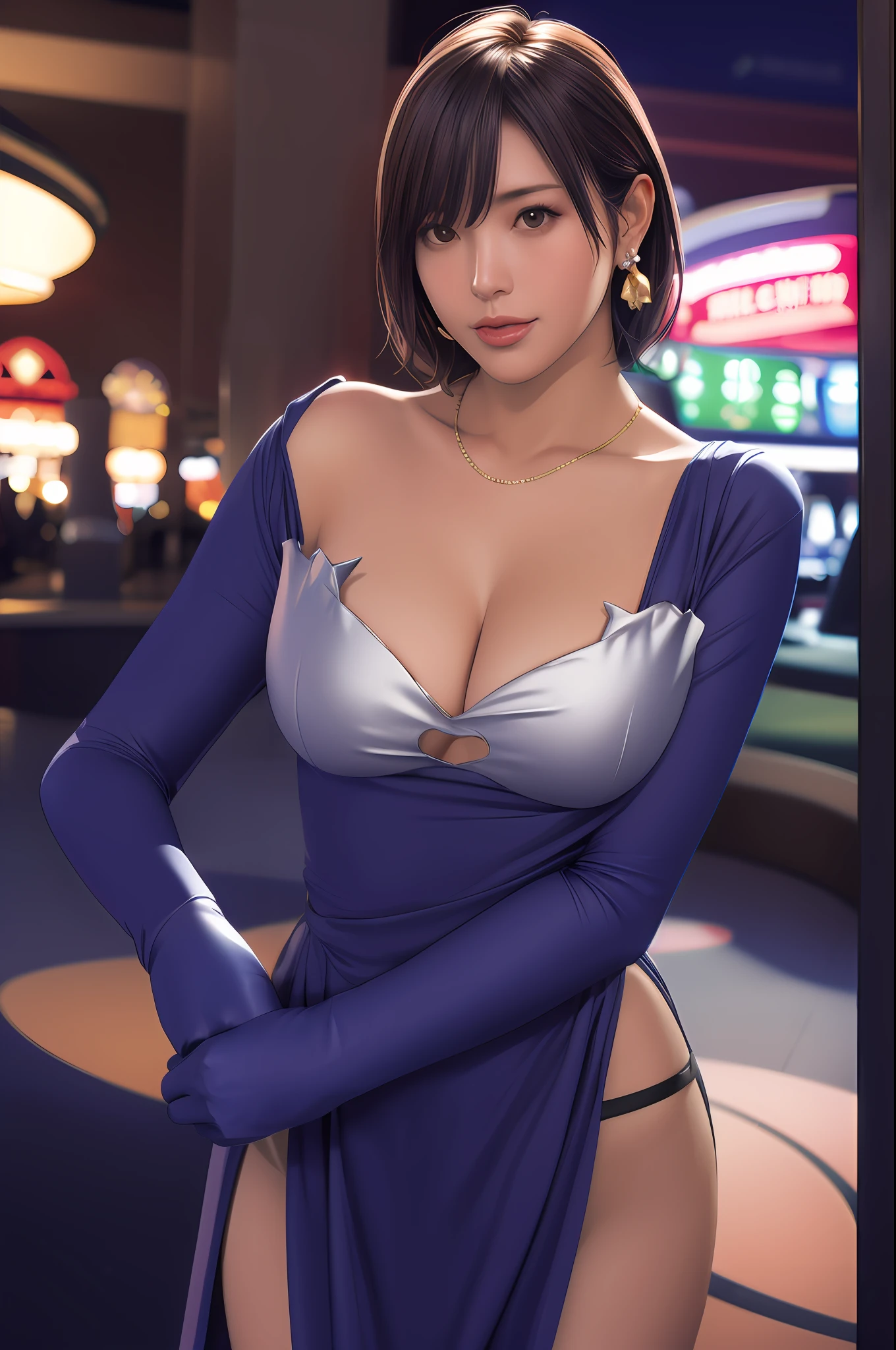 nagisa,  ultra realistic 8k cg, flawless, masterpiece, solo, 1girl, casino, rich, night dress, cutout, necklace, earring, golden, face focus, gleaming skin, elbow gloves, cleavage